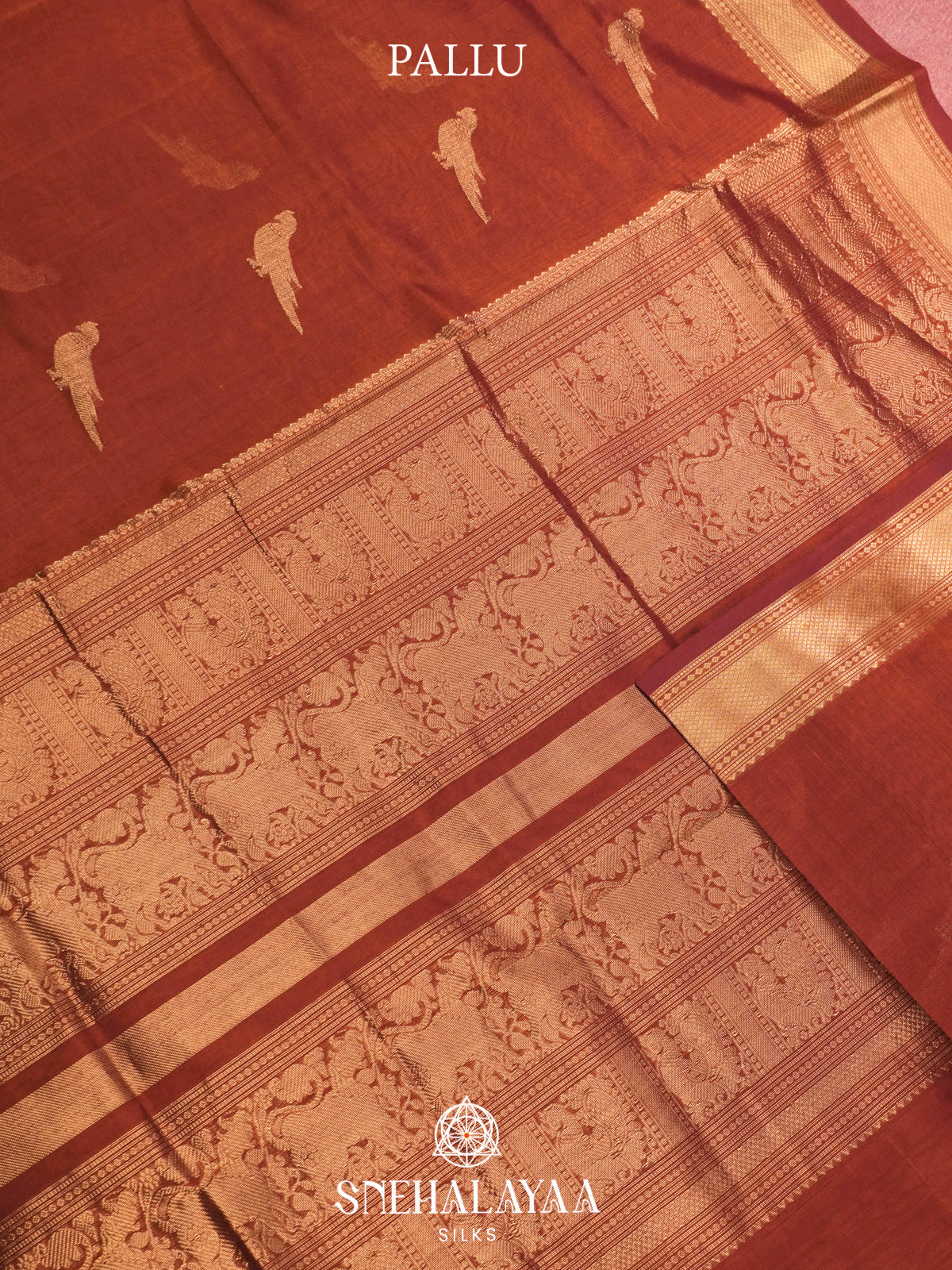 Burnt Orange Kanchi Silk Cotton Saree with Traditional Parrot Pallu