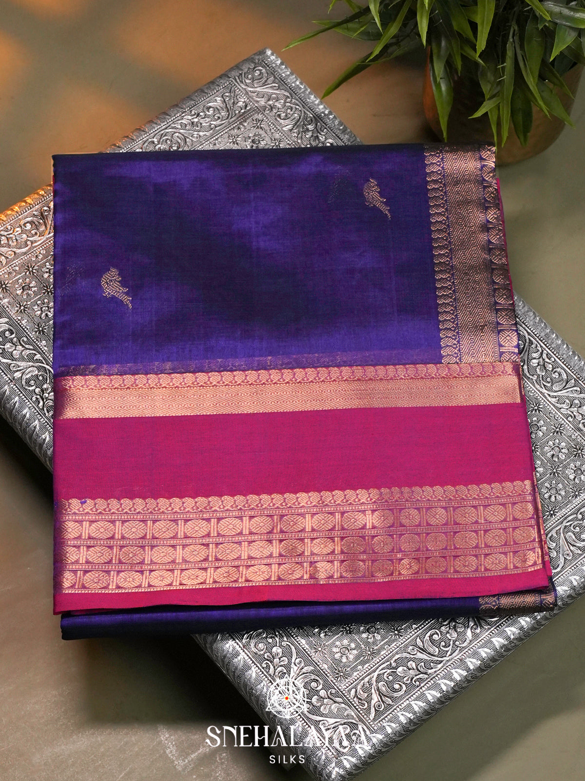 Blue Kanchi Silk Cotton Saree with Magenta Border & Peacock Pallu