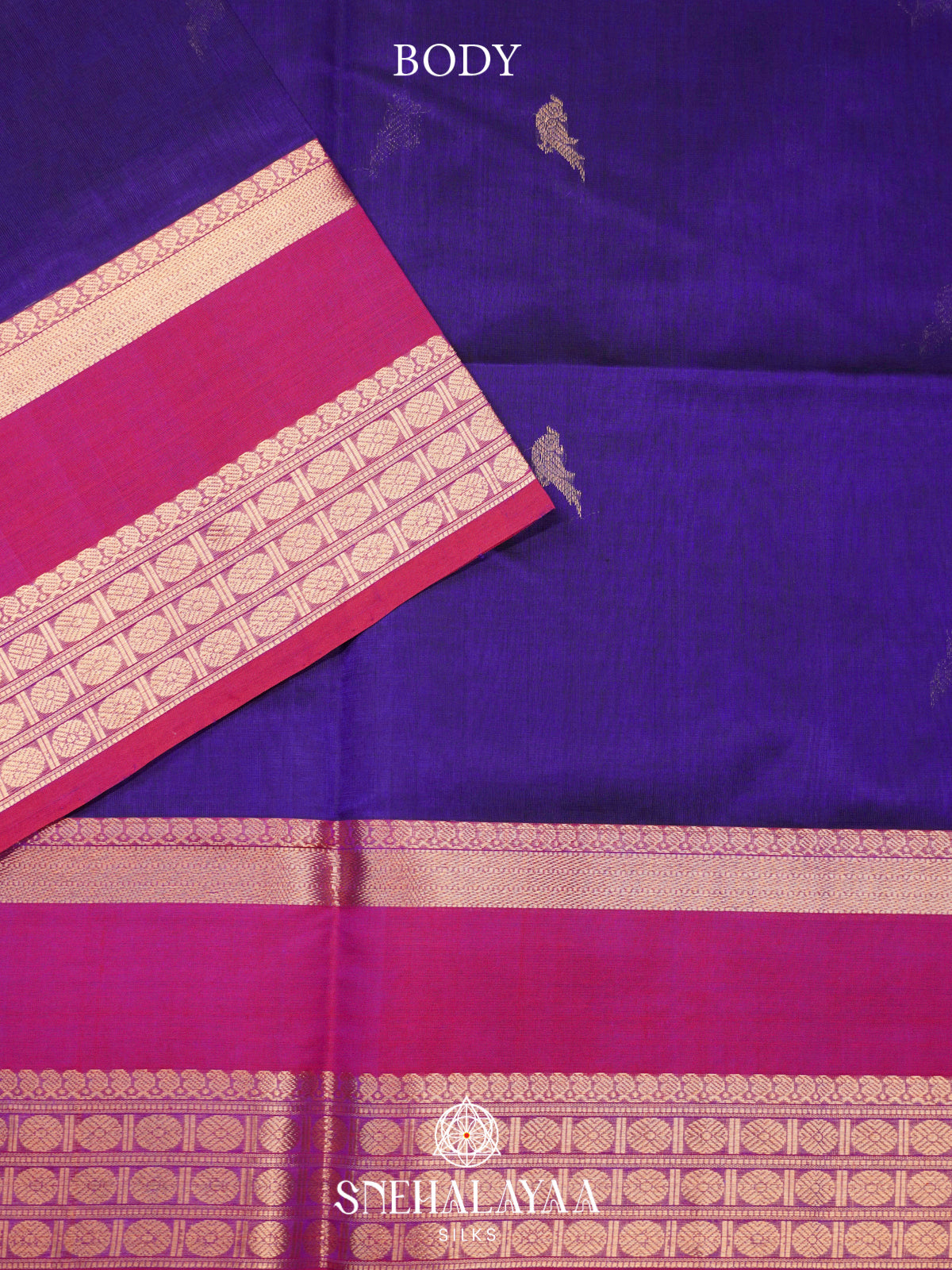 Blue Kanchi Silk Cotton Saree with Magenta Border & Peacock Pallu