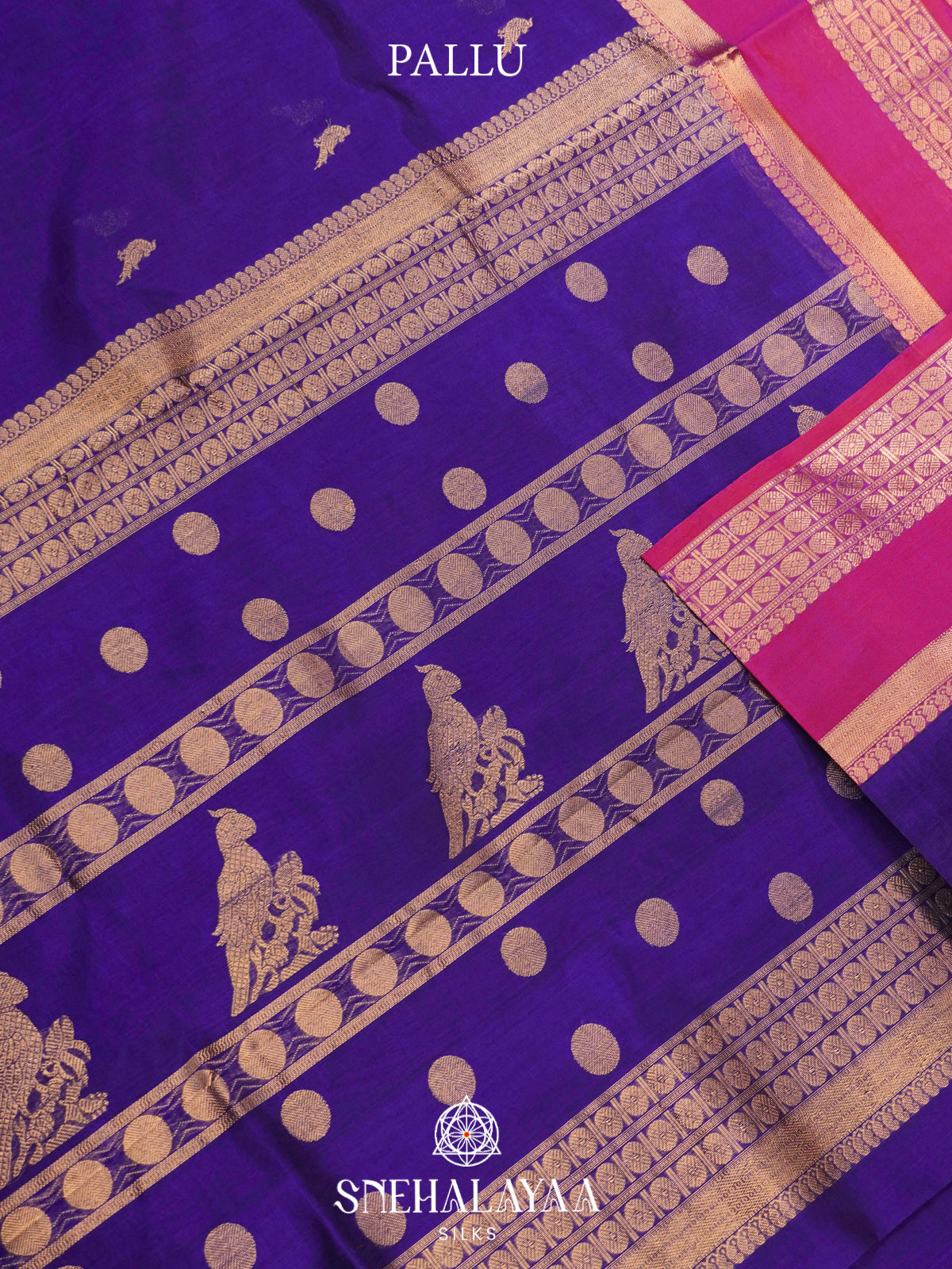 Blue Kanchi Silk Cotton Saree with Magenta Border & Peacock Pallu
