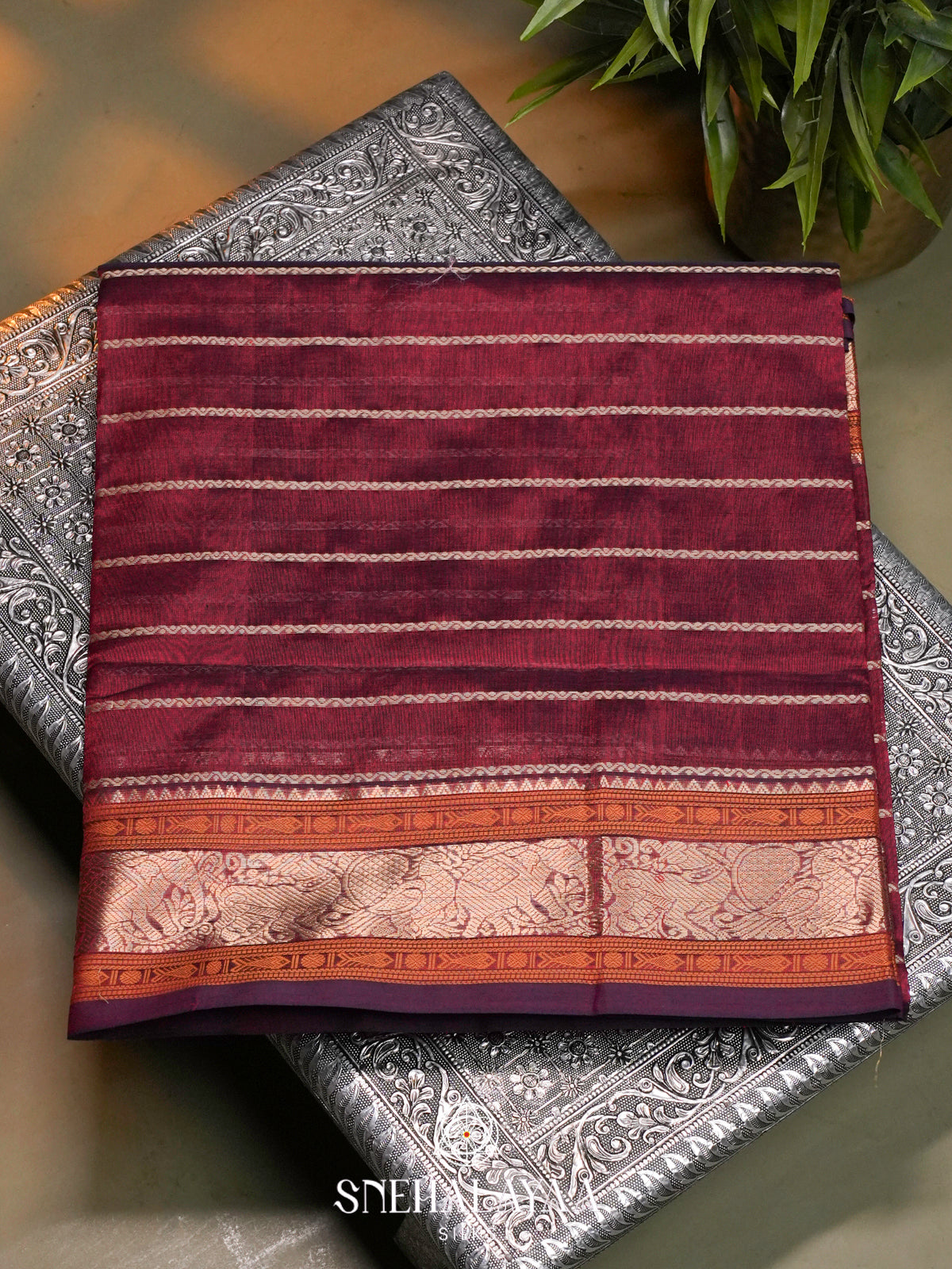 Maroon Kanchi Silk Cotton Saree with Mustard Orange Border & Mayil Pallu