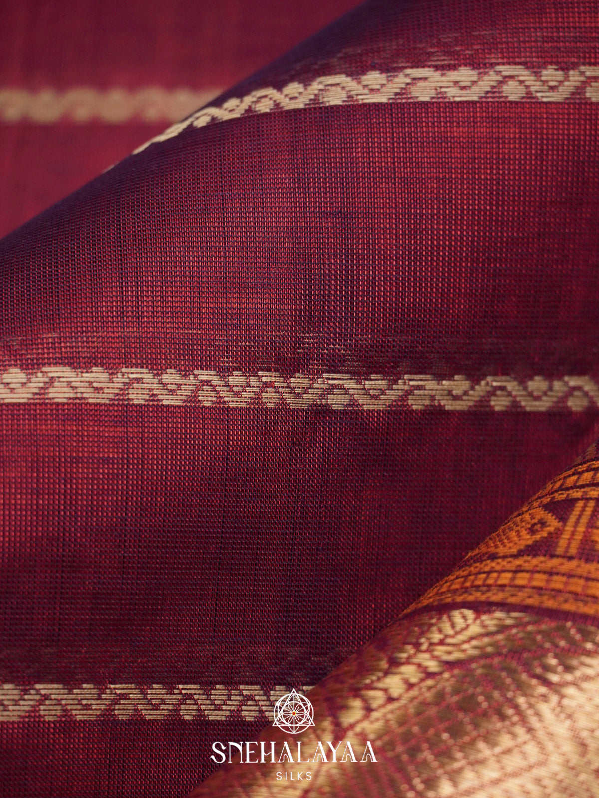 Maroon Kanchi Silk Cotton Saree with Mustard Orange Border & Mayil Pallu