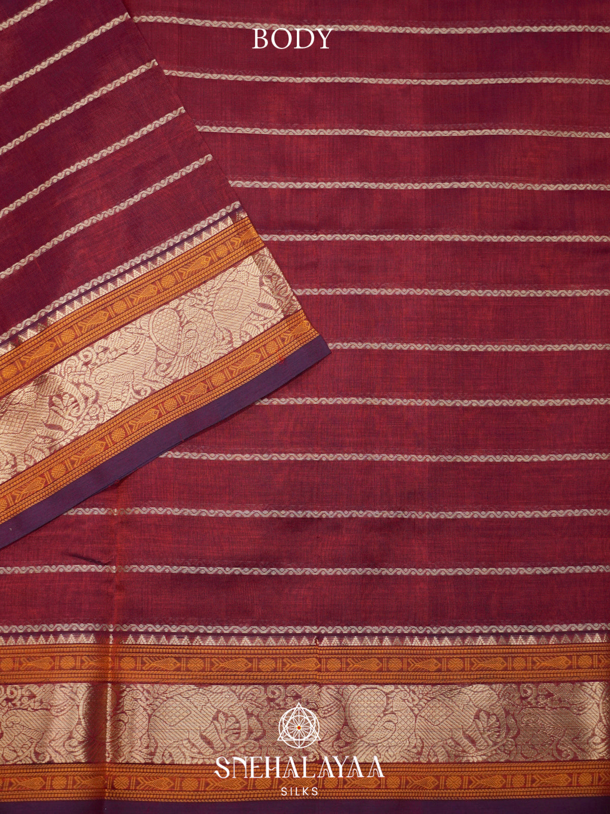 Maroon Kanchi Silk Cotton Saree with Mustard Orange Border & Mayil Pallu