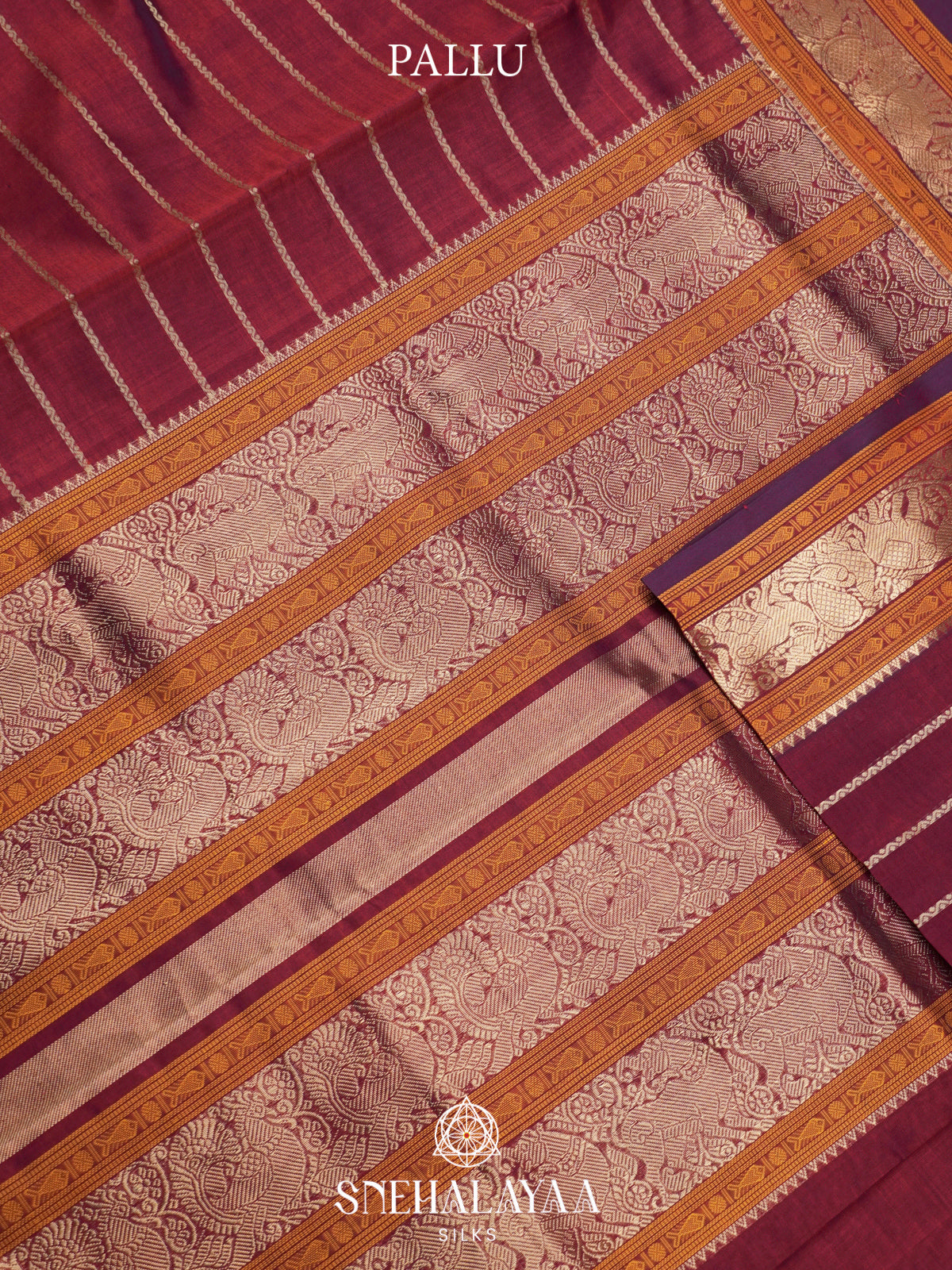 Maroon Kanchi Silk Cotton Saree with Mustard Orange Border & Mayil Pallu
