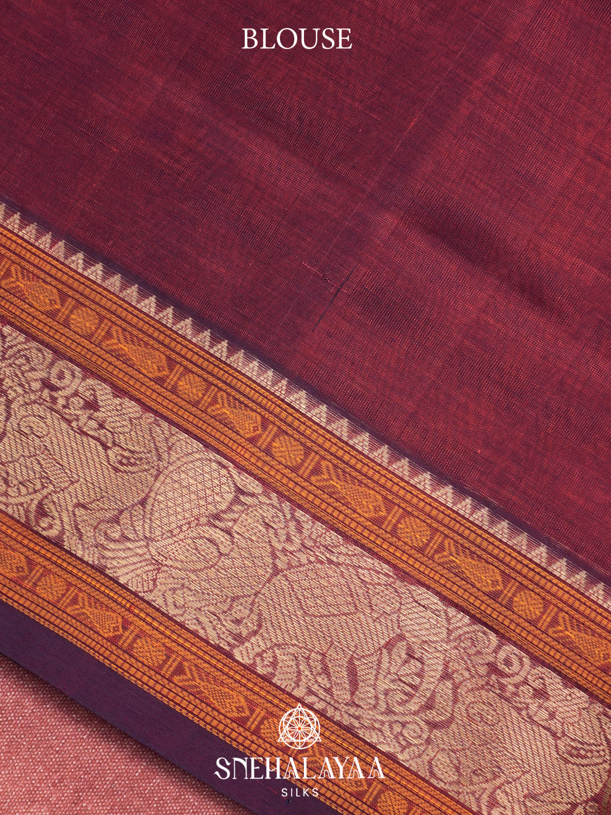 Maroon Kanchi Silk Cotton Saree with Mustard Orange Border & Mayil Pallu