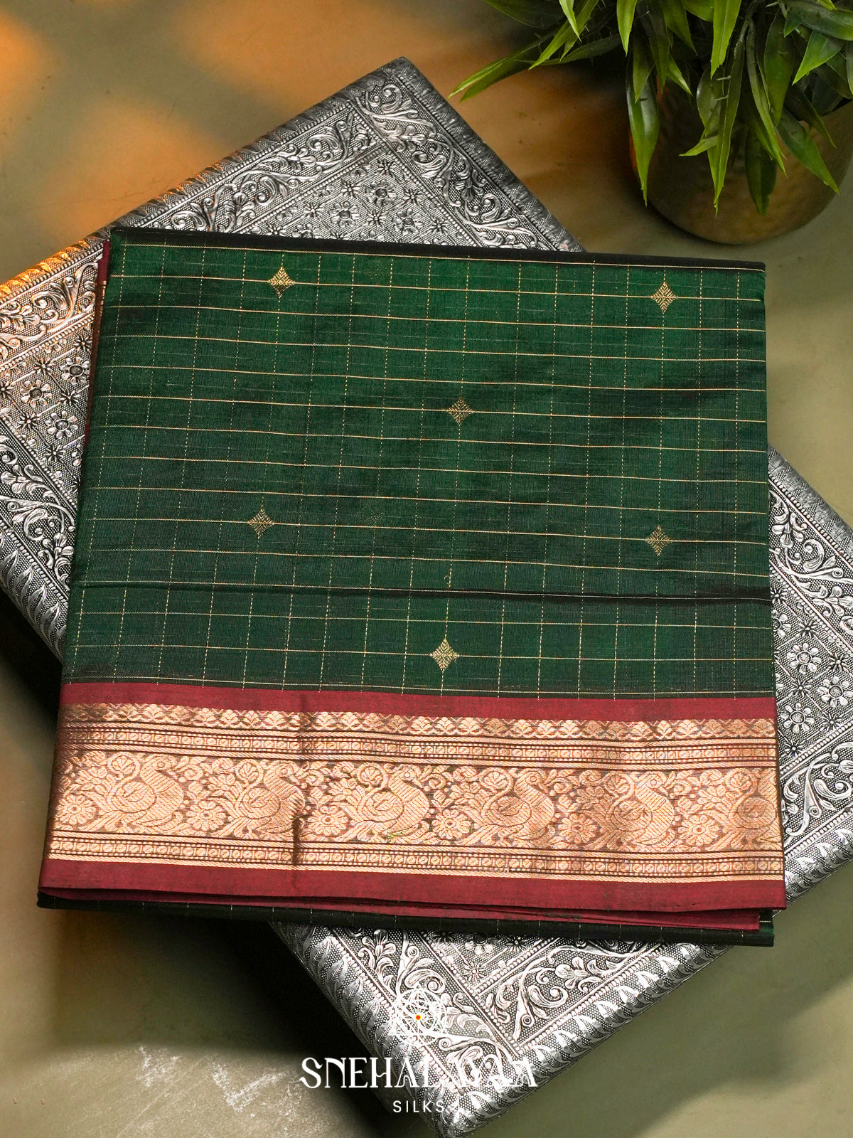 Emerald Green Kanchi Silk Cotton Saree with Maroon Border & Traditional Peacock Pallu