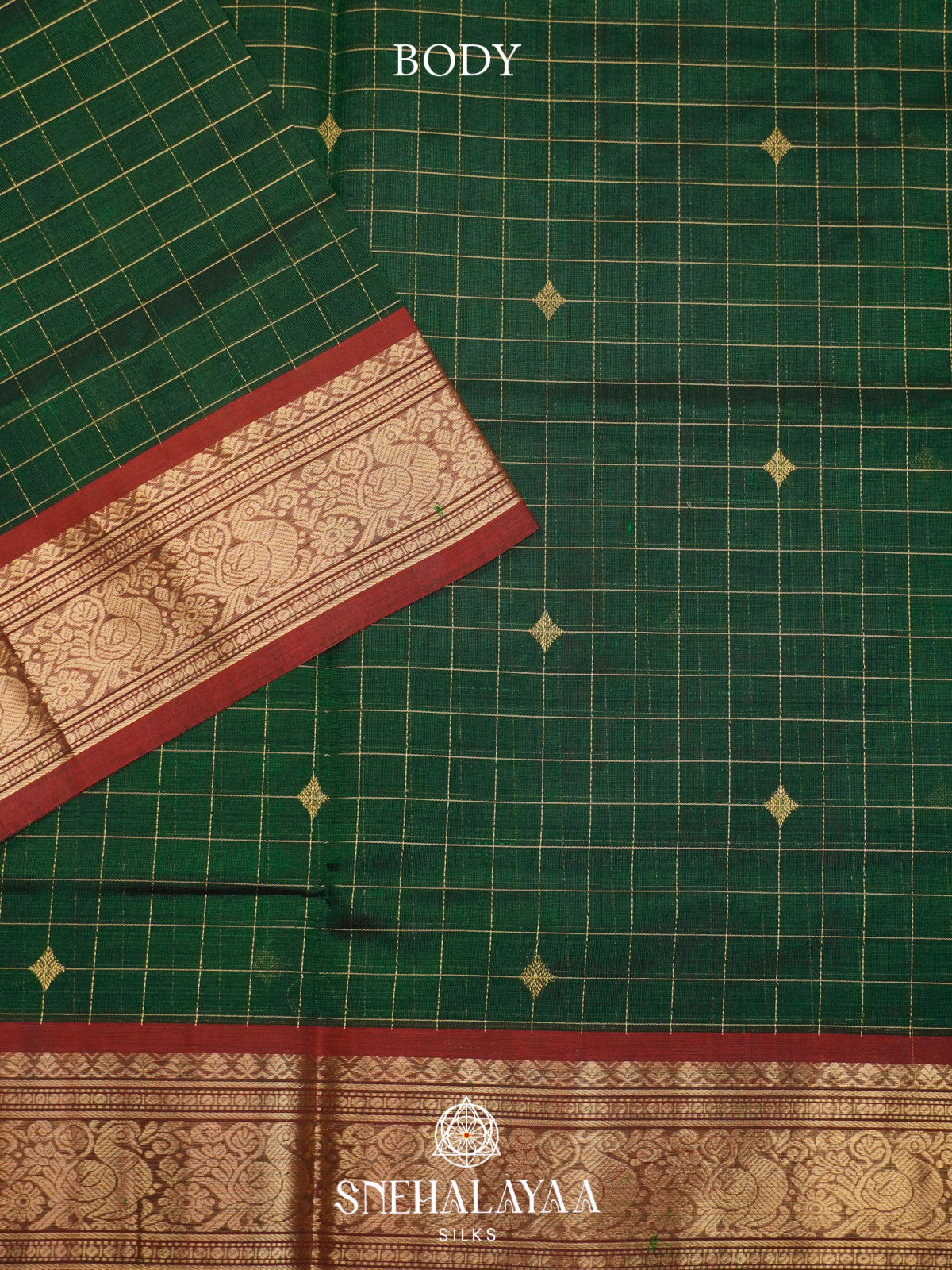Emerald Green Kanchi Silk Cotton Saree with Maroon Border & Traditional Peacock Pallu