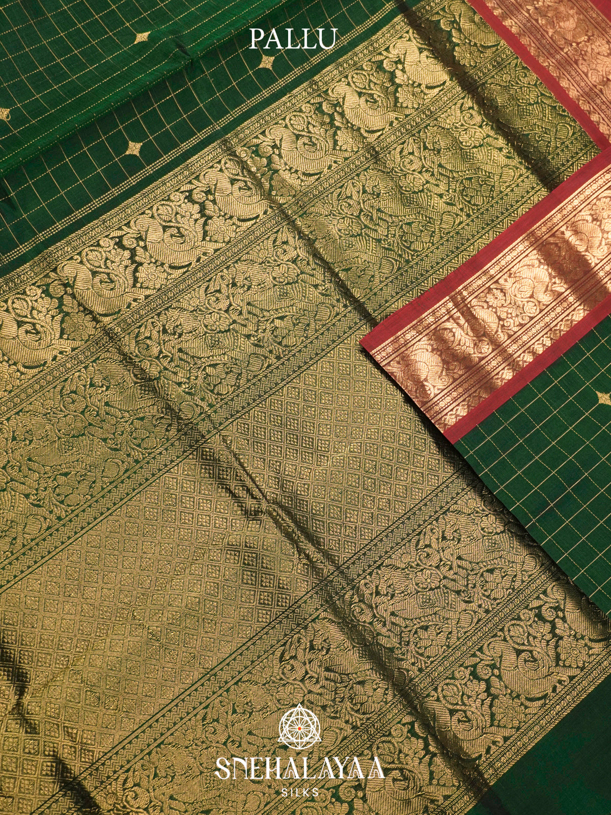 Emerald Green Kanchi Silk Cotton Saree with Maroon Border & Traditional Peacock Pallu