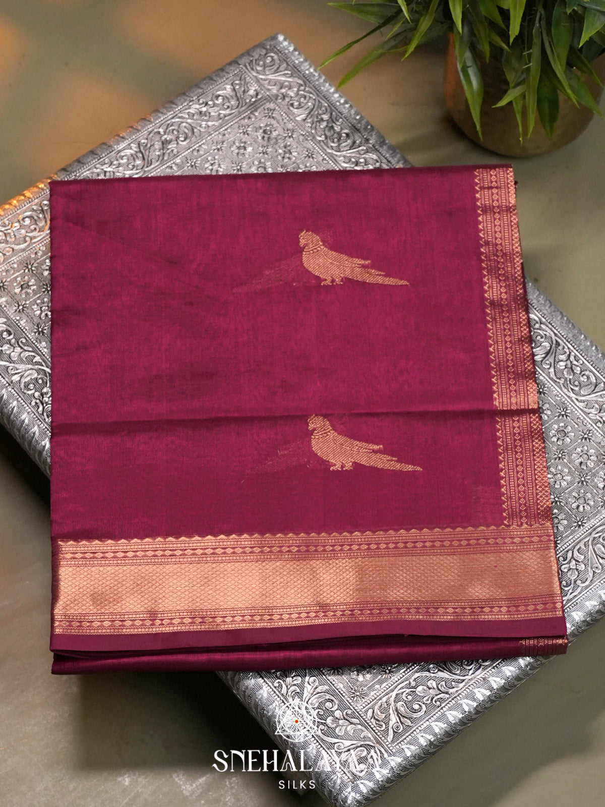 Wine Red Kanchi Silk Cotton Saree with Traditional Parrot Pallu