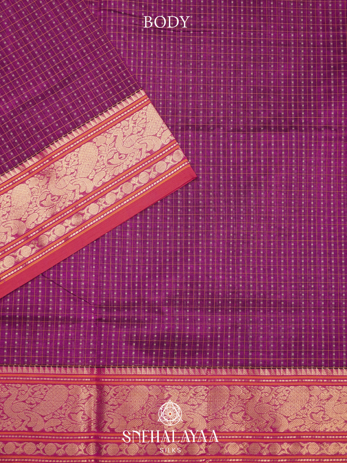 Magenta Kanchi Silk Cotton Saree with Contrast Pink Border & Intricate Paisleys