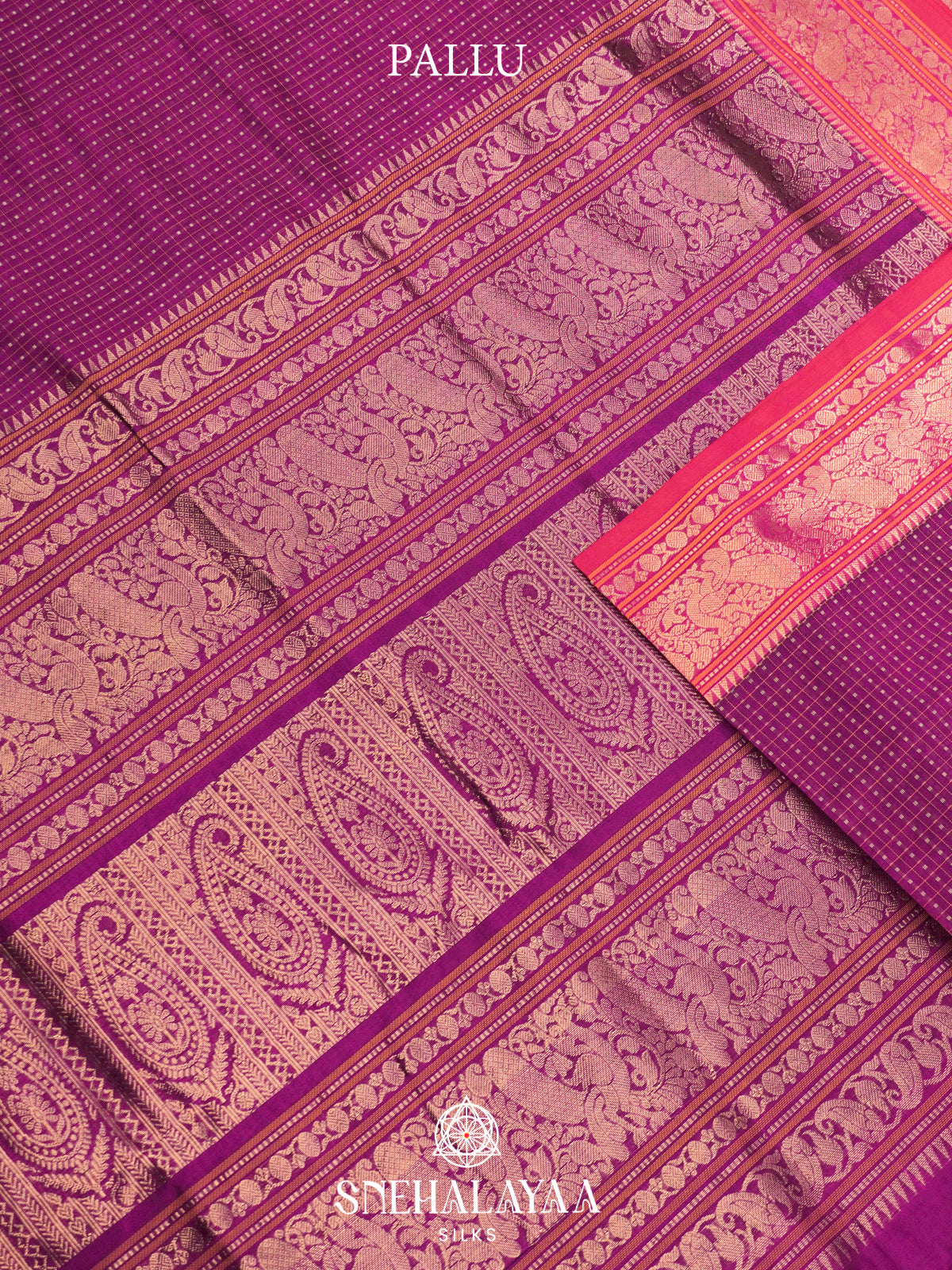 Magenta Kanchi Silk Cotton Saree with Contrast Pink Border & Intricate Paisleys