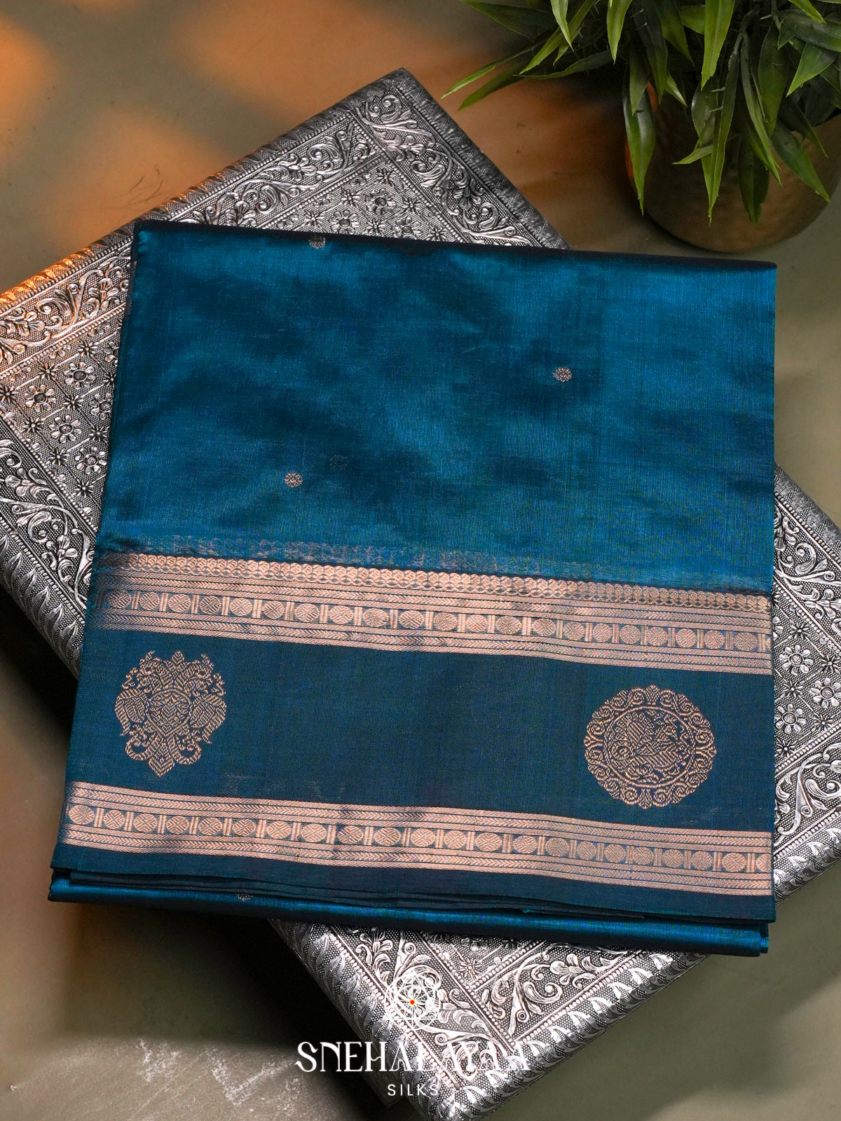Teal Blue Kanchi Silk Cotton Saree with Contrast Navy Blue Border & Mandala Pallu
