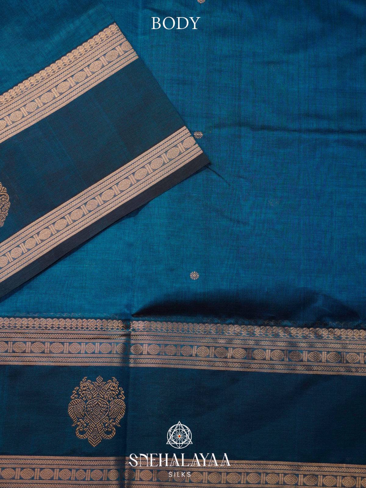 Teal Blue Kanchi Silk Cotton Saree with Contrast Navy Blue Border & Mandala Pallu