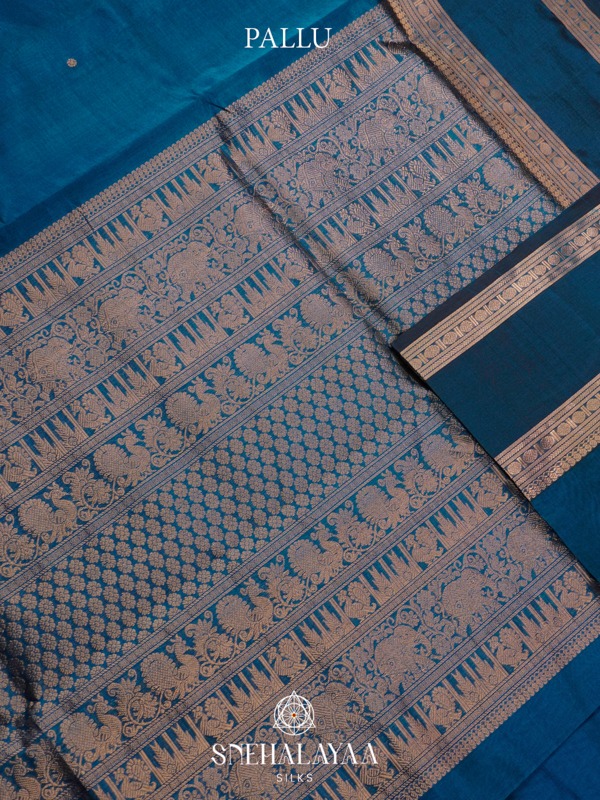 Teal Blue Kanchi Silk Cotton Saree with Contrast Navy Blue Border & Mandala Pallu