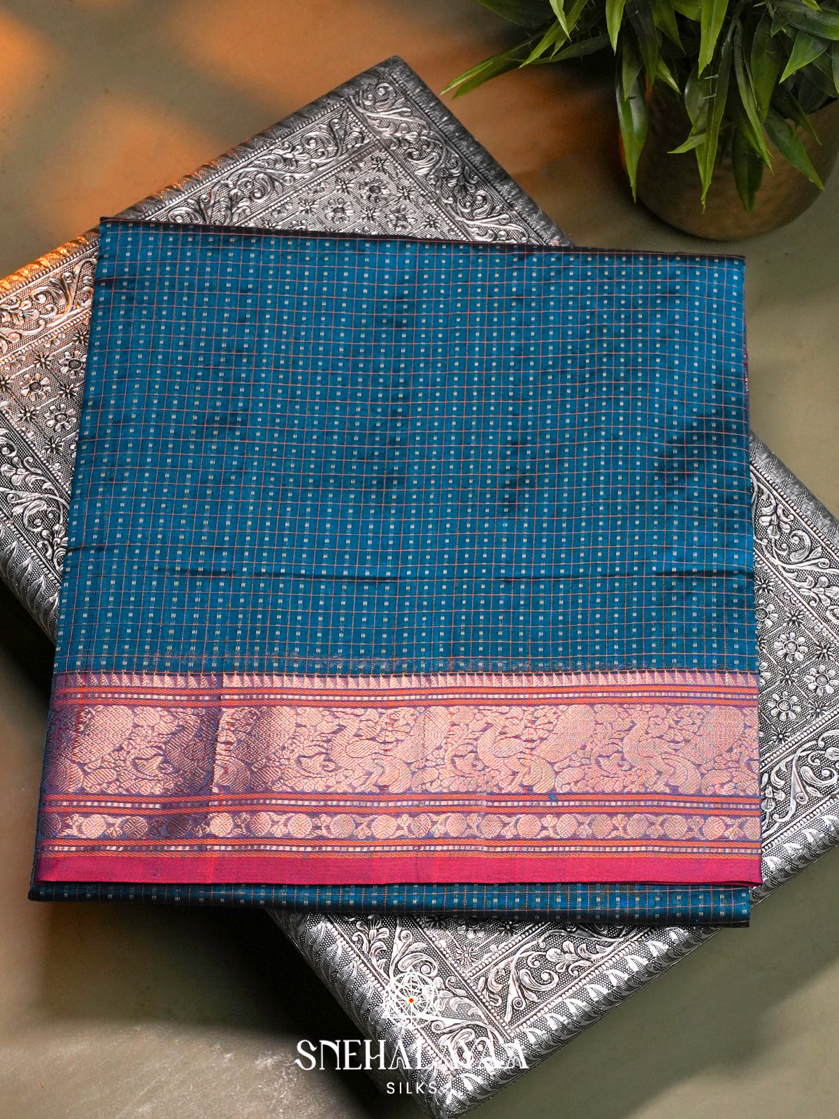 Teal Blue Kanchi Silk Cotton Saree with Contrast Pink Border & Detailed Paisleys