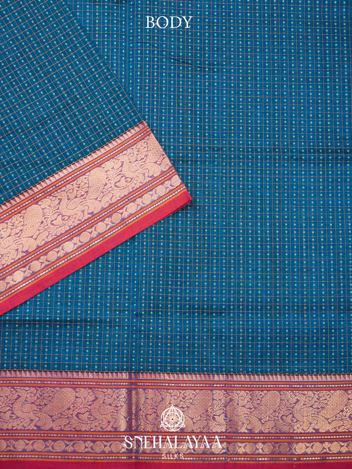 Teal Blue Kanchi Silk Cotton Saree with Contrast Pink Border & Detailed Paisleys