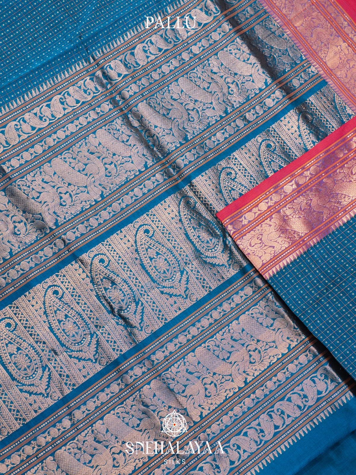 Teal Blue Kanchi Silk Cotton Saree with Contrast Pink Border & Detailed Paisleys