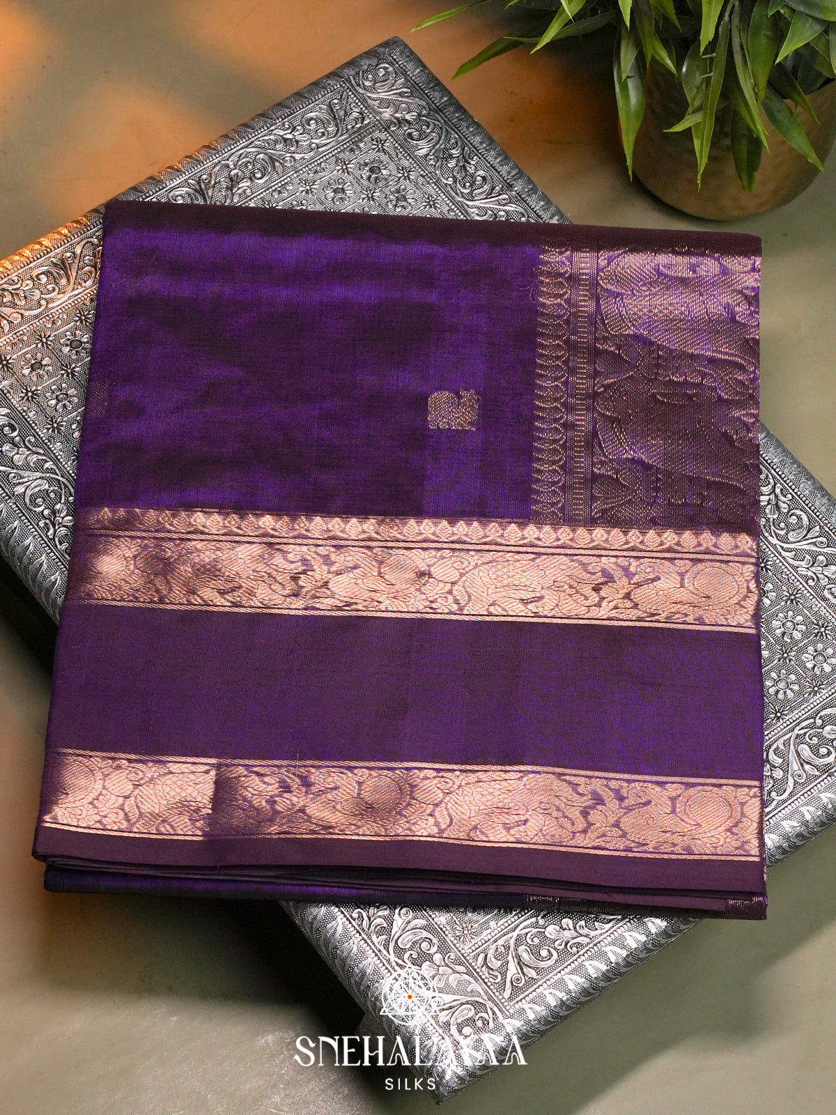Deep Purple Kanchi Silk Cotton Saree with Tone-on-Tone Border & Elephant-Peacock Pallu