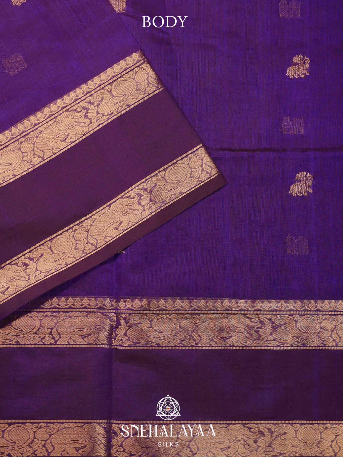 Deep Purple Kanchi Silk Cotton Saree with Tone-on-Tone Border & Elephant-Peacock Pallu