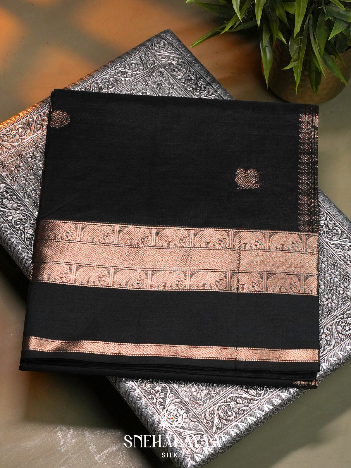 Jet Black Kanchi Silk Cotton Saree with Tone-on-Tone Elephant Border & Diamond Pallu