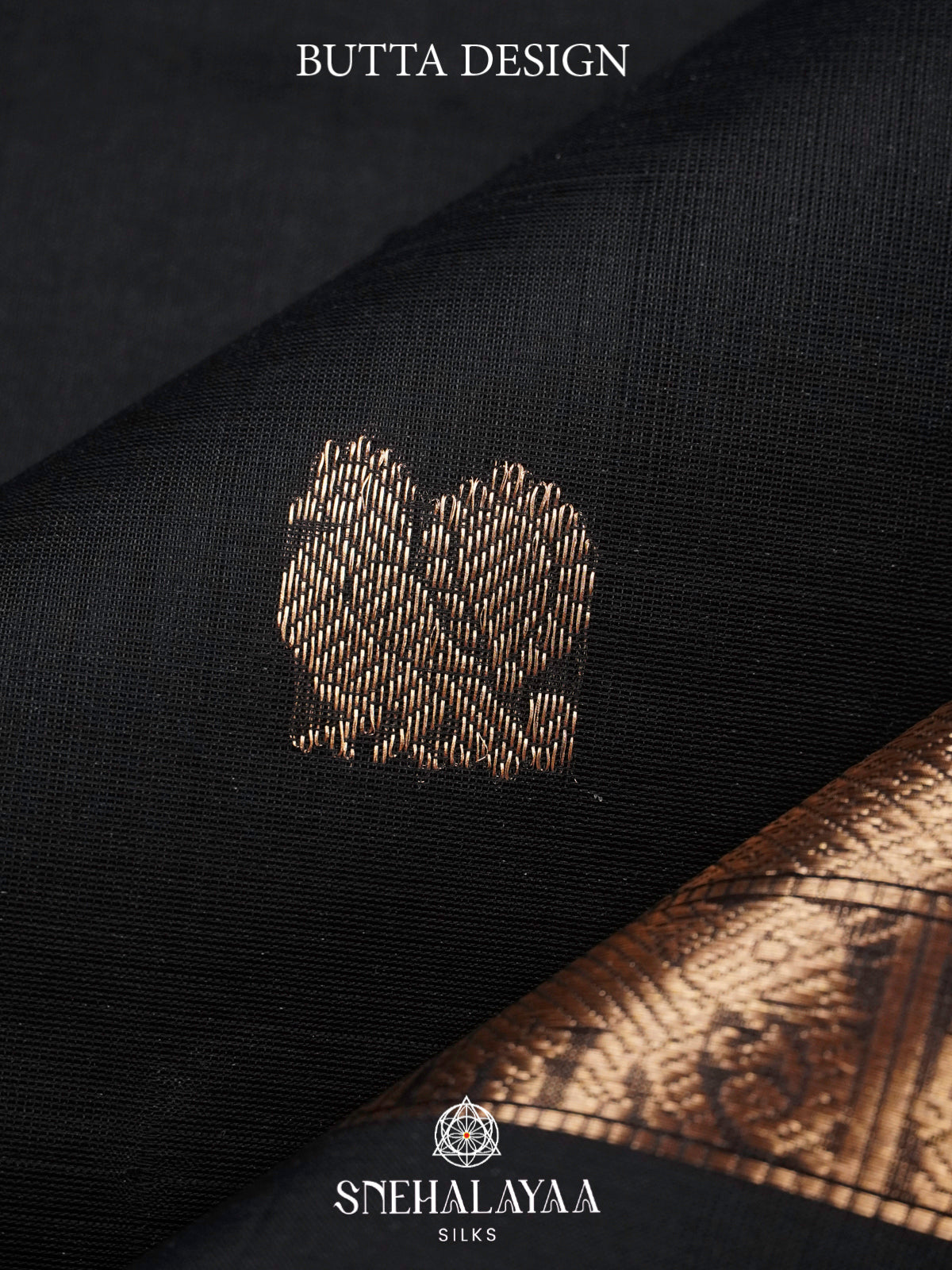 Jet Black Kanchi Silk Cotton Saree with Tone-on-Tone Elephant Border & Diamond Pallu