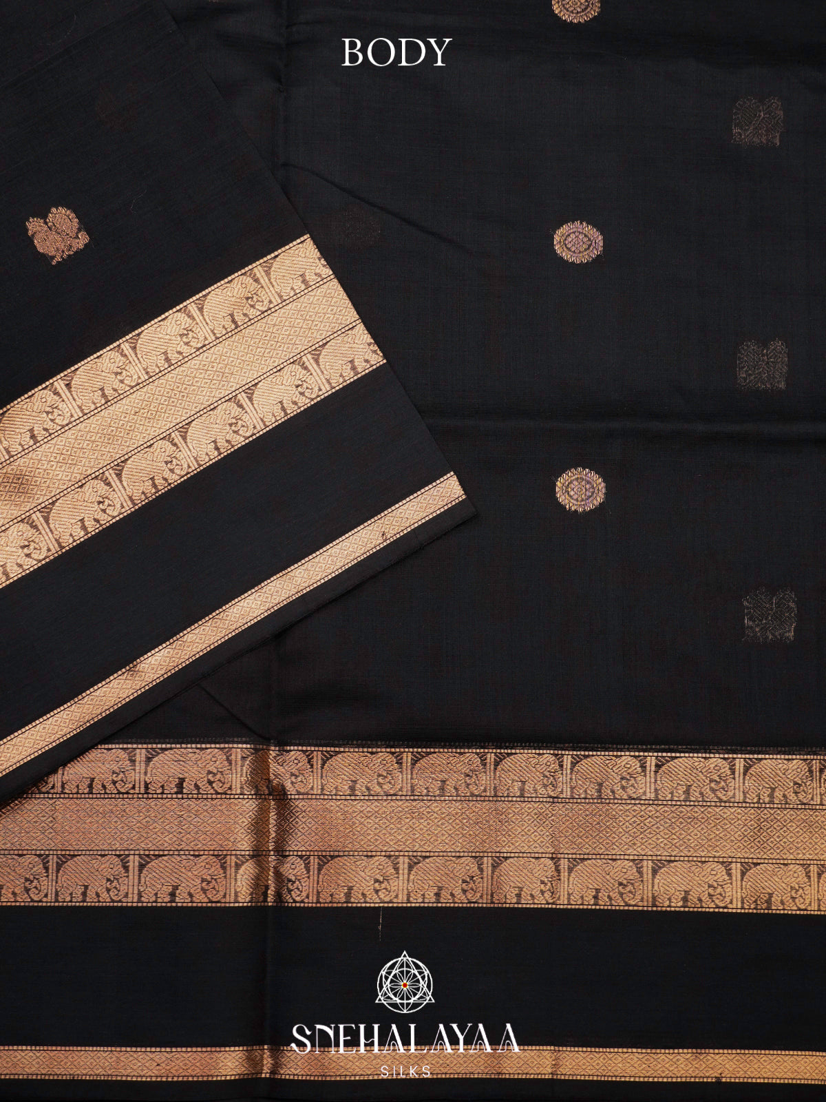 Jet Black Kanchi Silk Cotton Saree with Tone-on-Tone Elephant Border & Diamond Pallu