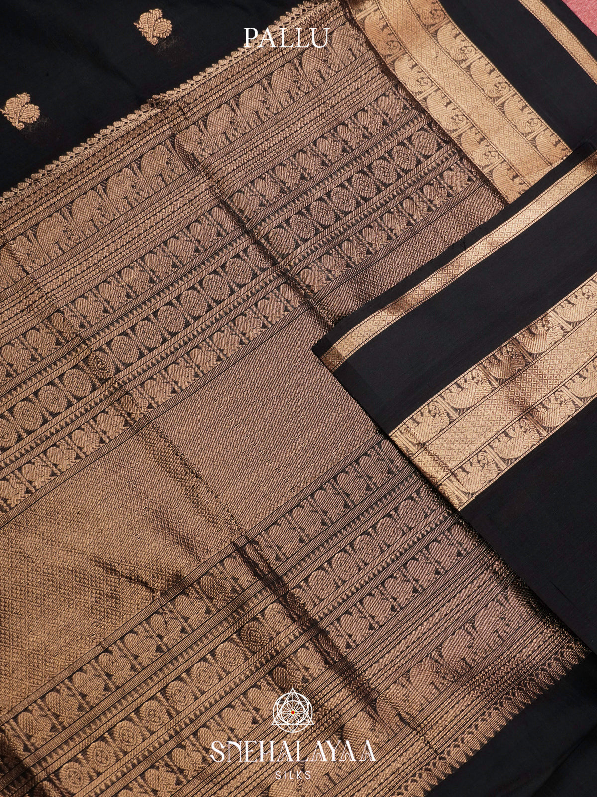 Jet Black Kanchi Silk Cotton Saree with Tone-on-Tone Elephant Border & Diamond Pallu
