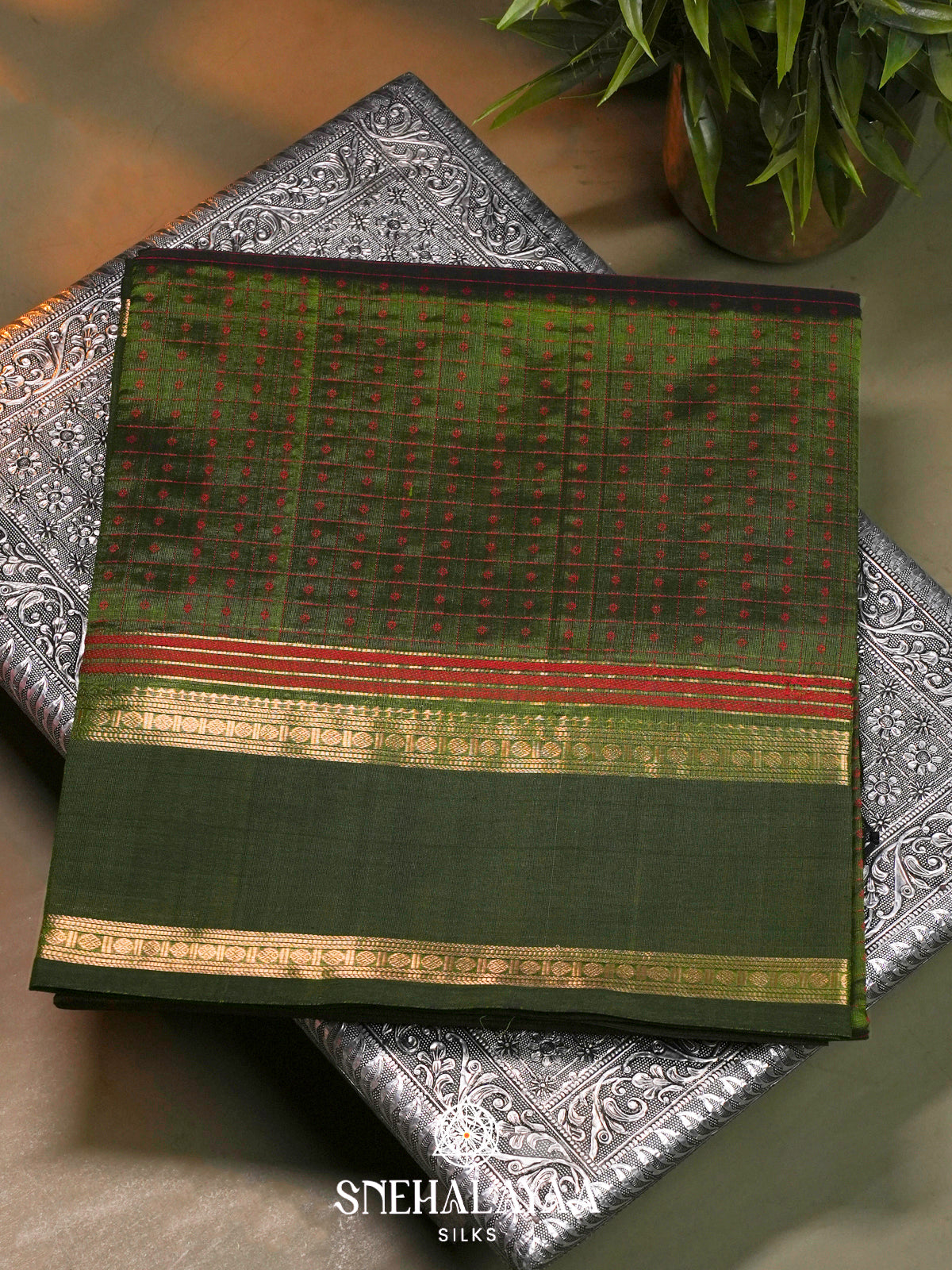 Olive & Forest Green Kanchi Silk Cotton Saree with Checkered Body & Peacock Pallu