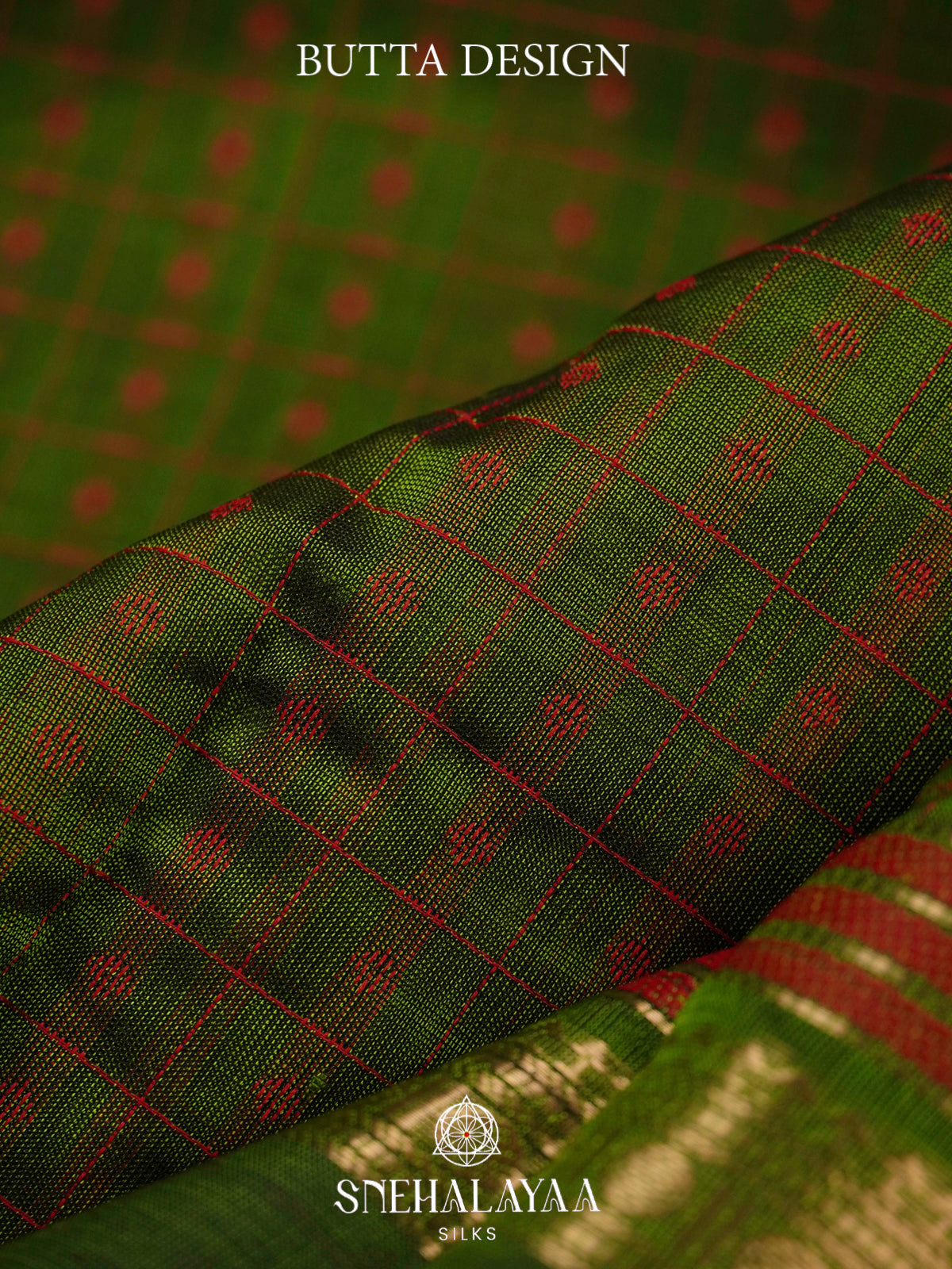Olive & Forest Green Kanchi Silk Cotton Saree with Checkered Body & Peacock Pallu