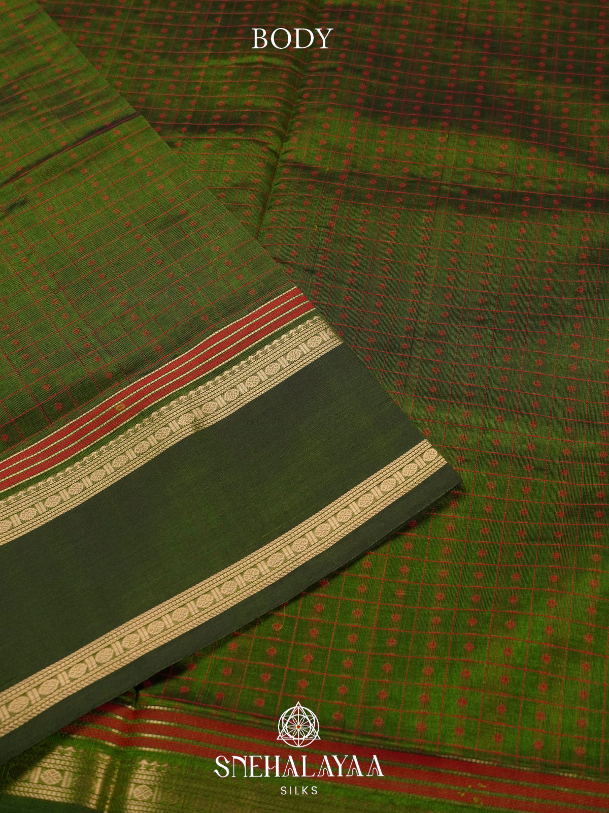 Olive & Forest Green Kanchi Silk Cotton Saree with Checkered Body & Peacock Pallu
