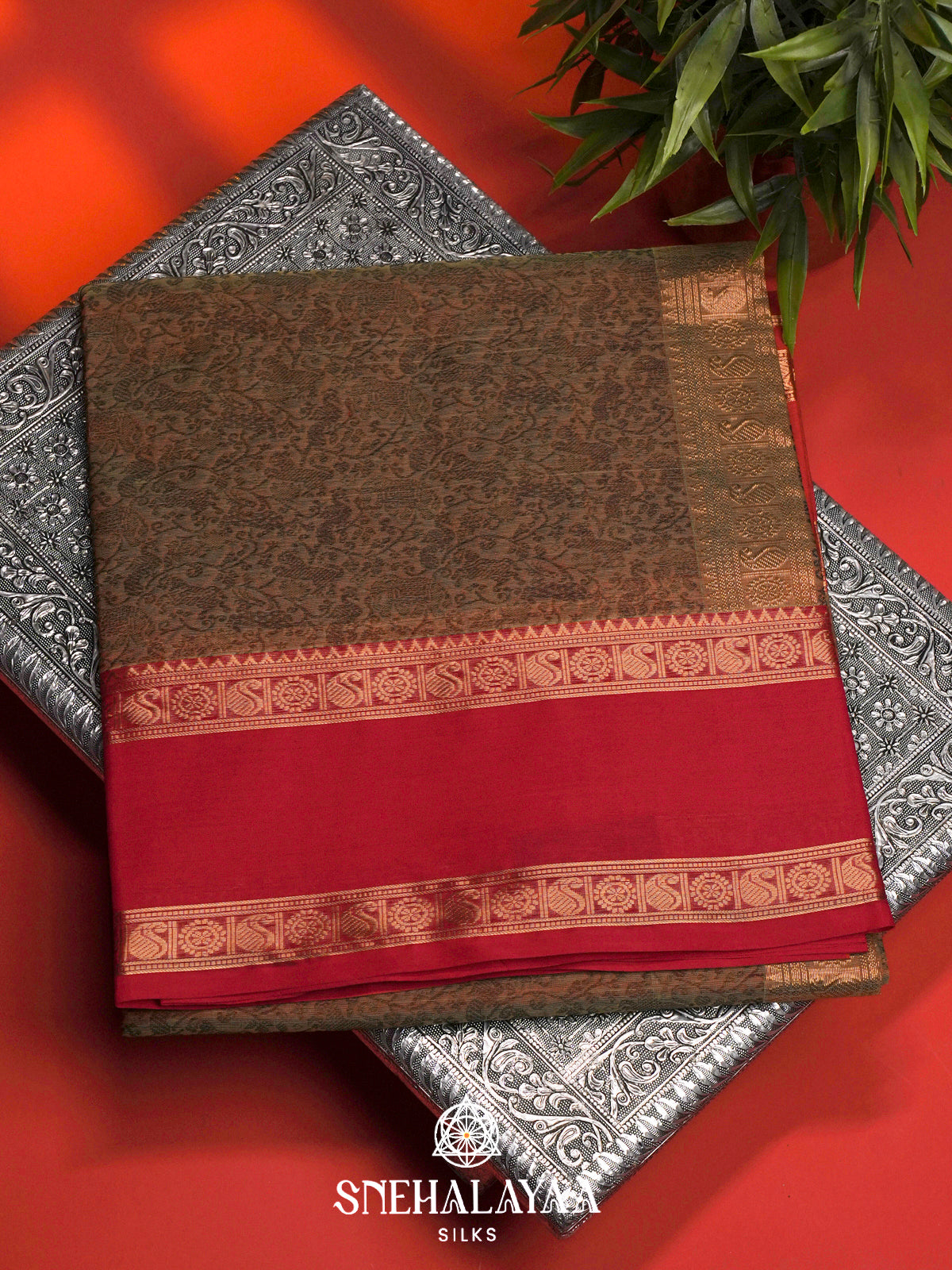 Brown Floral Silk Cotton Saree with Red Zari Border
