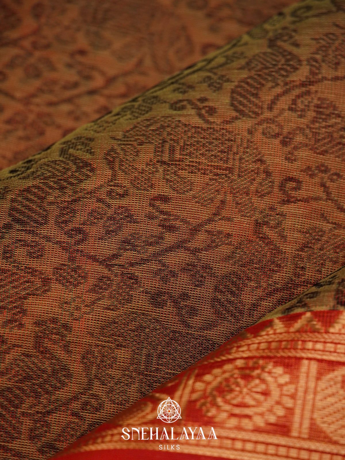 Brown Floral Silk Cotton Saree with Red Zari Border