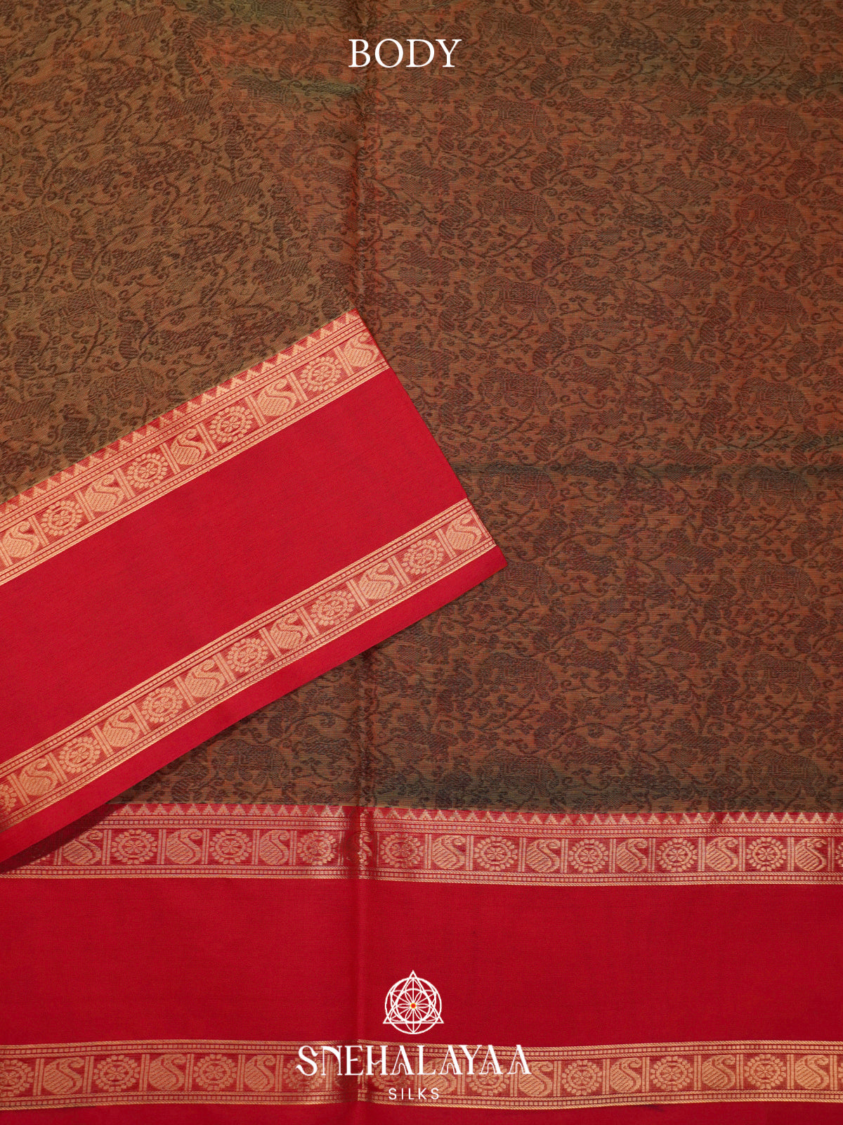 Brown Floral Silk Cotton Saree with Red Zari Border