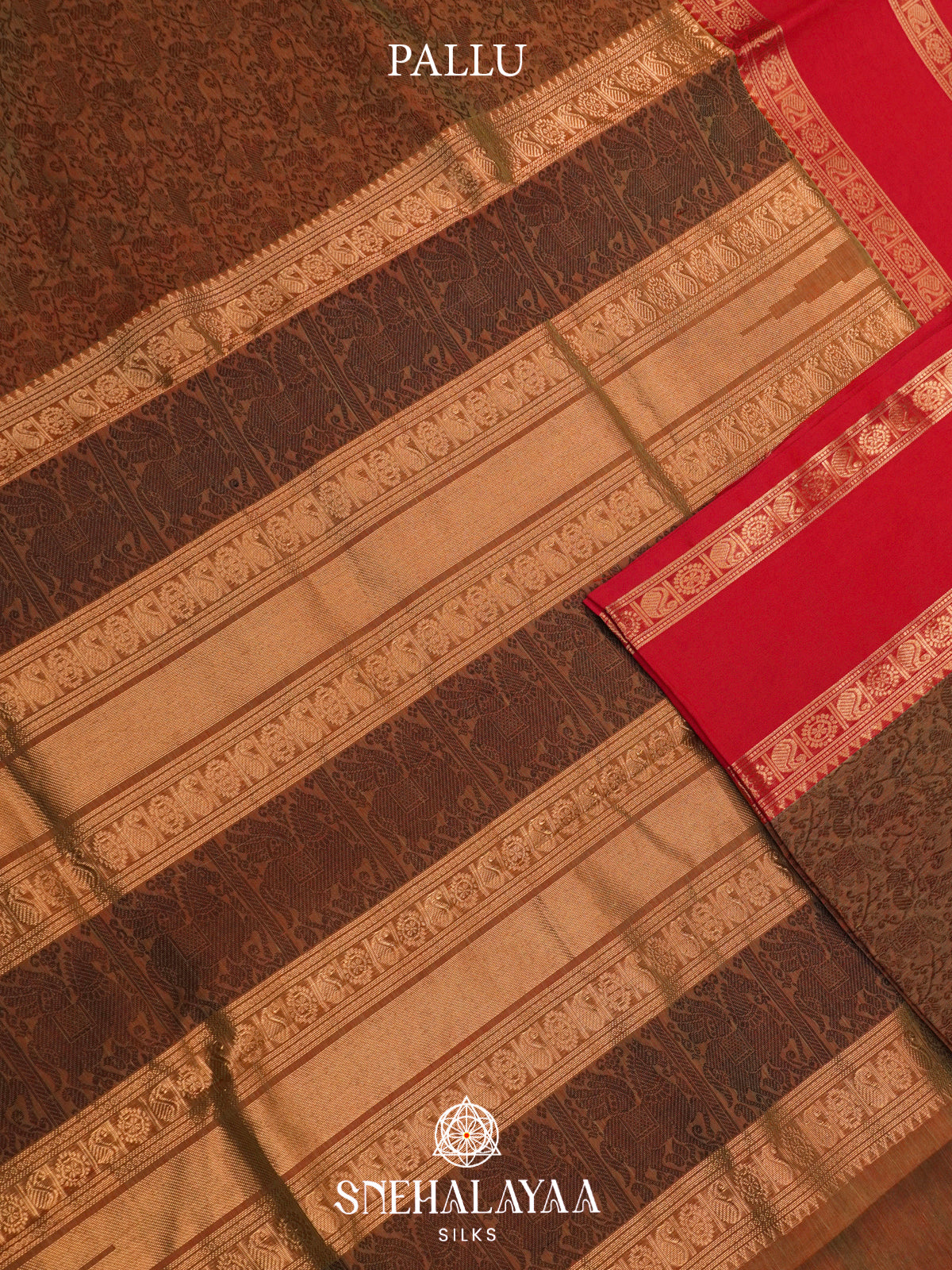 Brown Floral Silk Cotton Saree with Red Zari Border