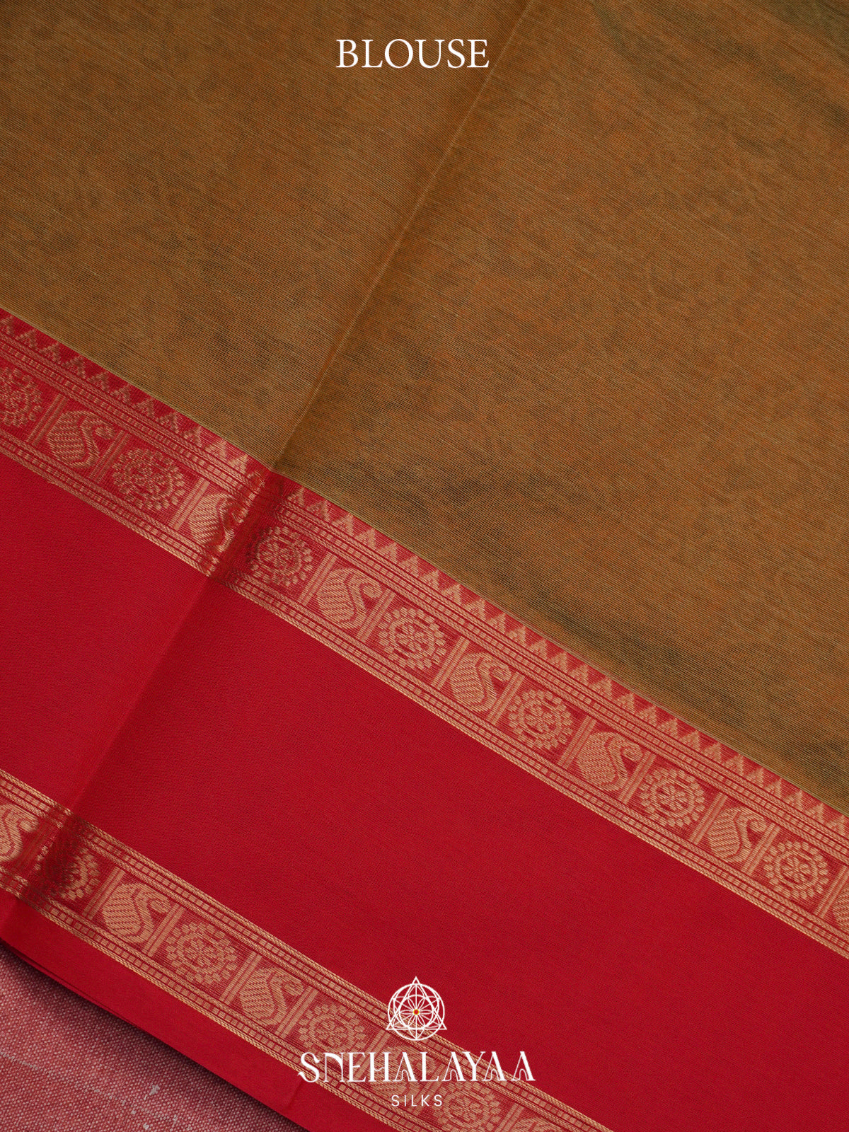 Brown Floral Silk Cotton Saree with Red Zari Border