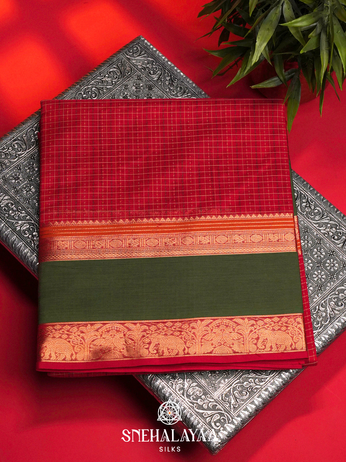 Red Silk Cotton Saree with Green Elephant Zari Border