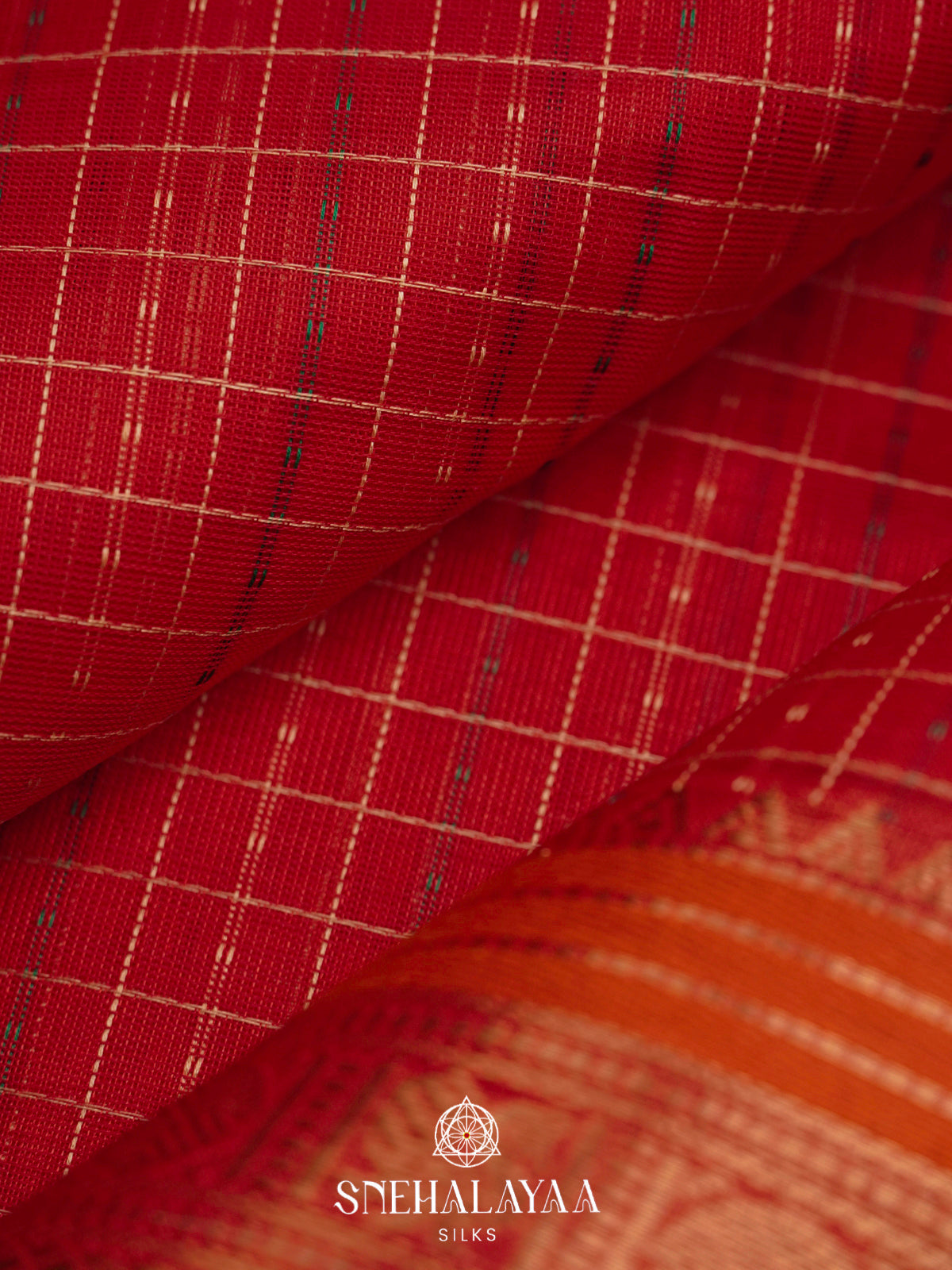 Red Silk Cotton Saree with Green Elephant Zari Border