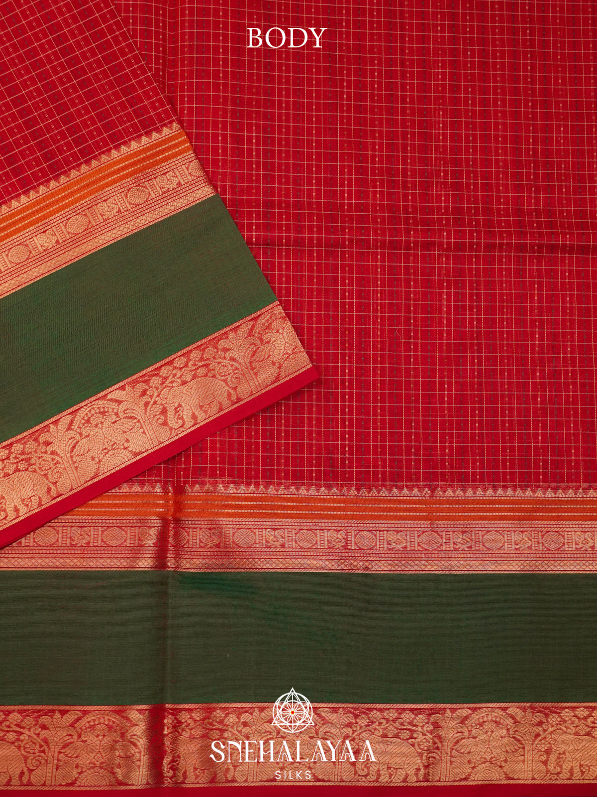 Red Silk Cotton Saree with Green Elephant Zari Border