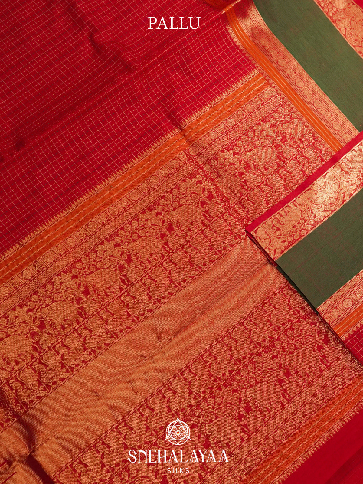 Red Silk Cotton Saree with Green Elephant Zari Border