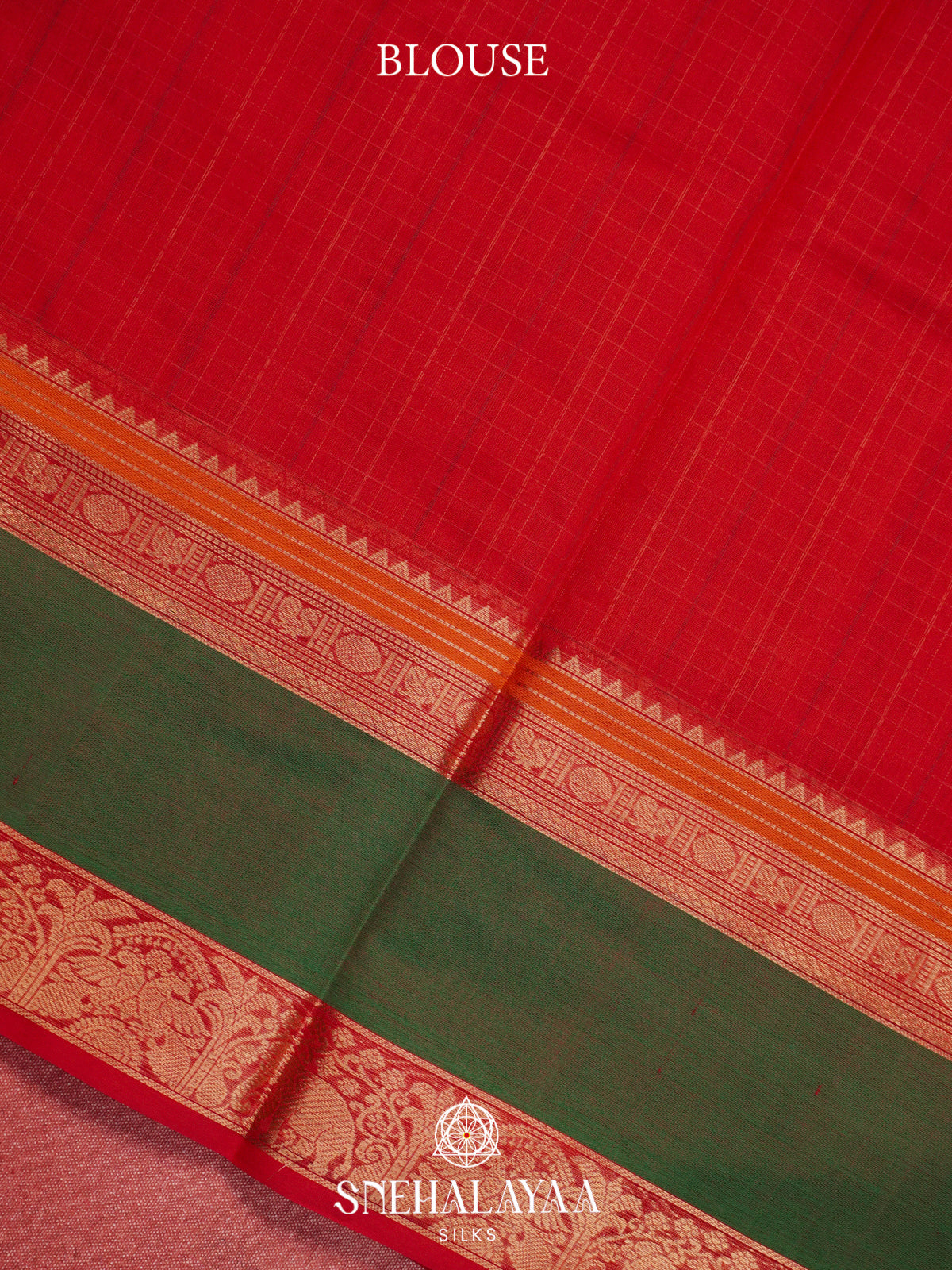 Red Silk Cotton Saree with Green Elephant Zari Border