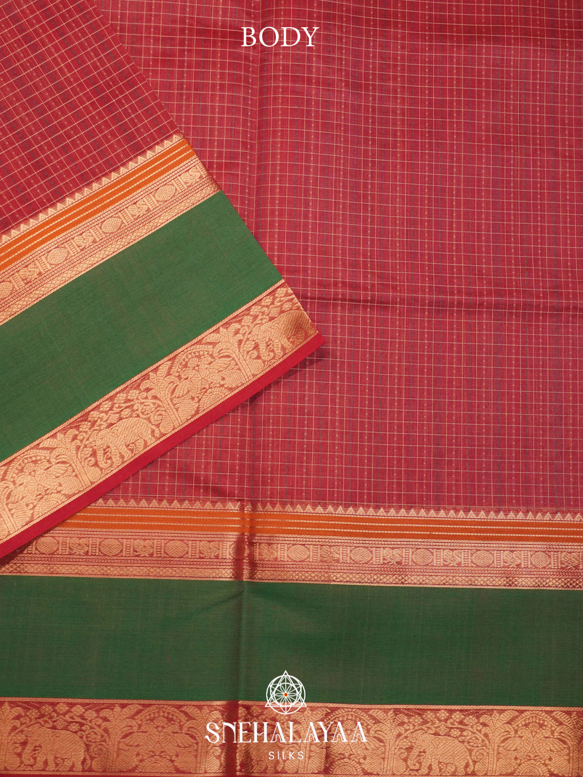 Maroon Silk Cotton Saree with Green Elephant Zari Border