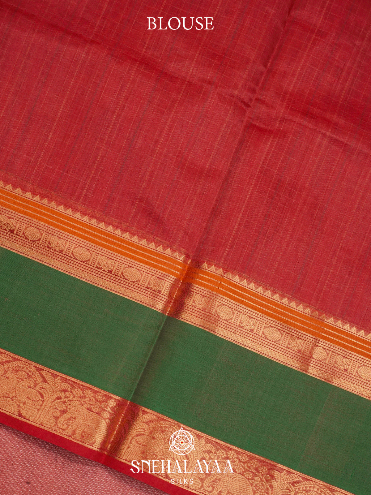 Maroon Silk Cotton Saree with Green Elephant Zari Border