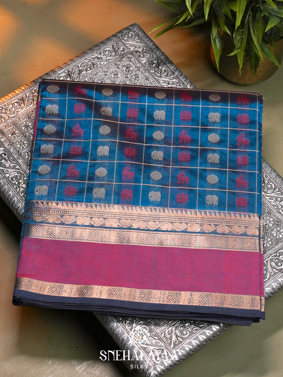 Teal Blue & Magenta Kanchi Silk Cotton Saree with Checkered Body & Peacock Pallu