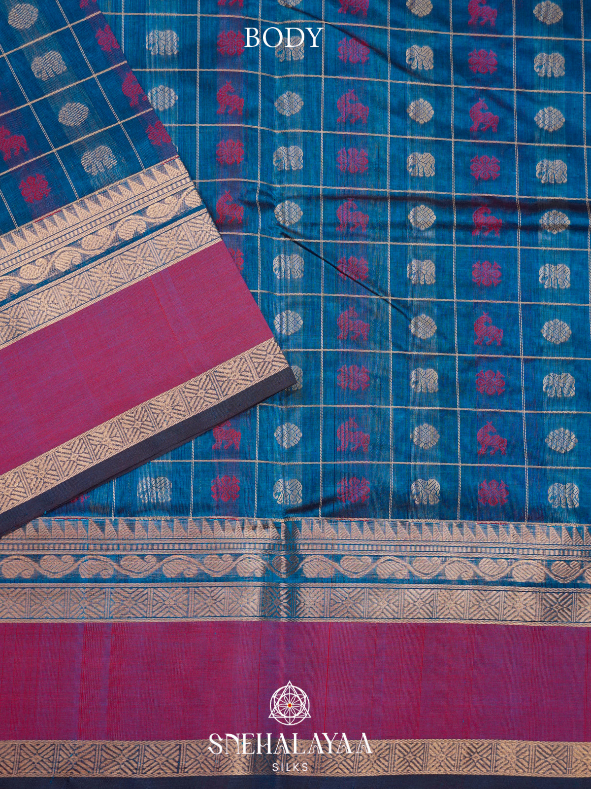 Teal Blue & Magenta Kanchi Silk Cotton Saree with Checkered Body & Peacock Pallu