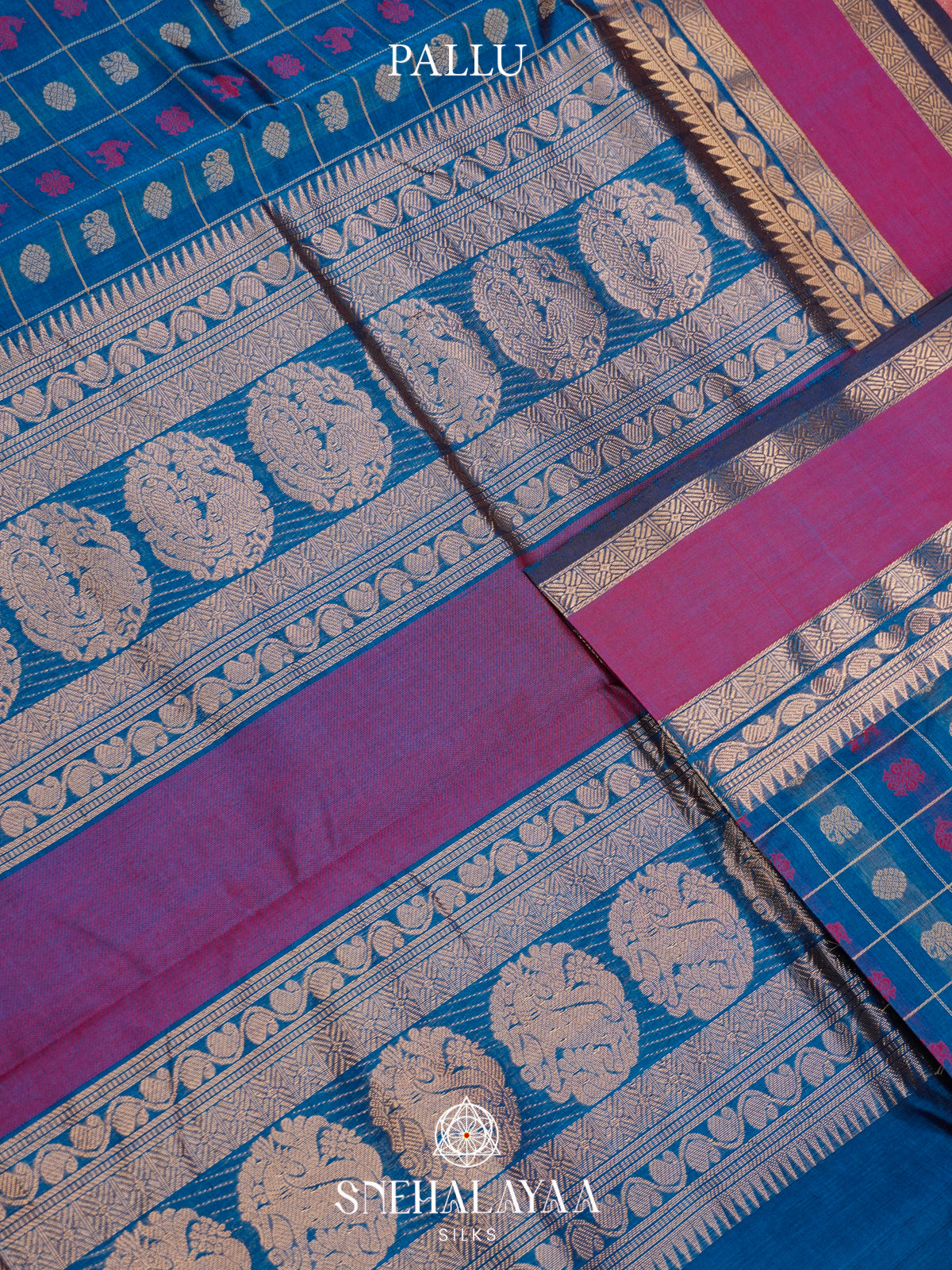 Teal Blue & Magenta Kanchi Silk Cotton Saree with Checkered Body & Peacock Pallu