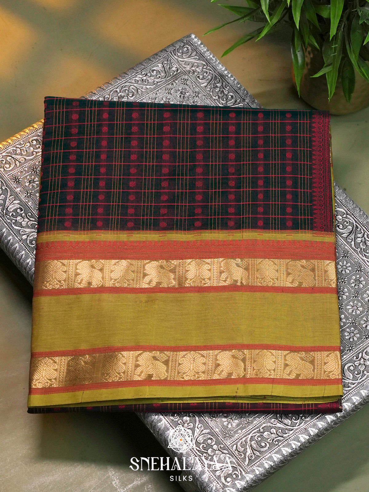 Wine & Mustard Kanchi Silk Cotton Saree with Checkered Body & Elephant Border
