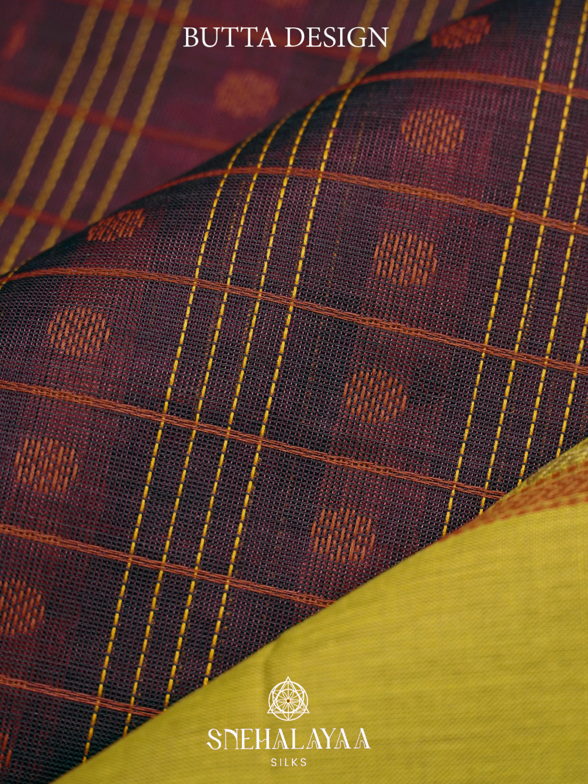 Wine & Mustard Kanchi Silk Cotton Saree with Checkered Body & Elephant Border