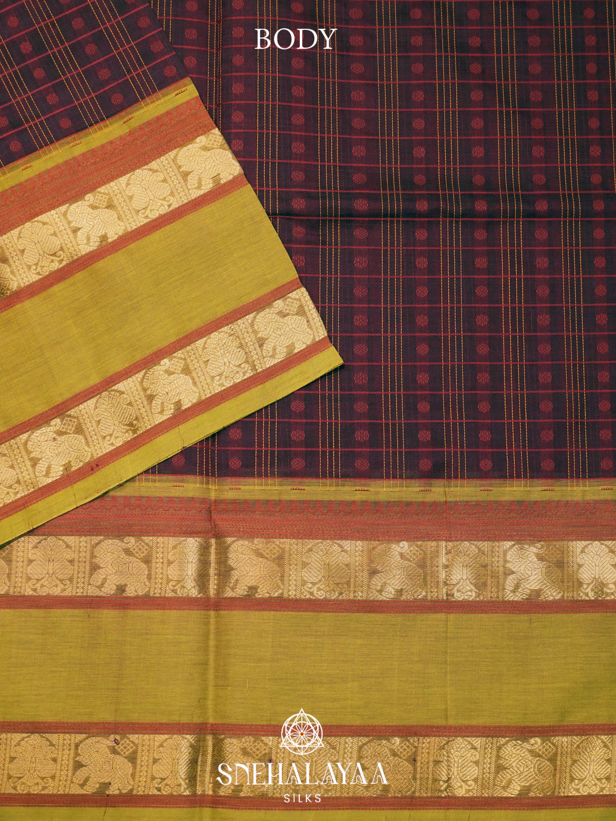 Wine & Mustard Kanchi Silk Cotton Saree with Checkered Body & Elephant Border