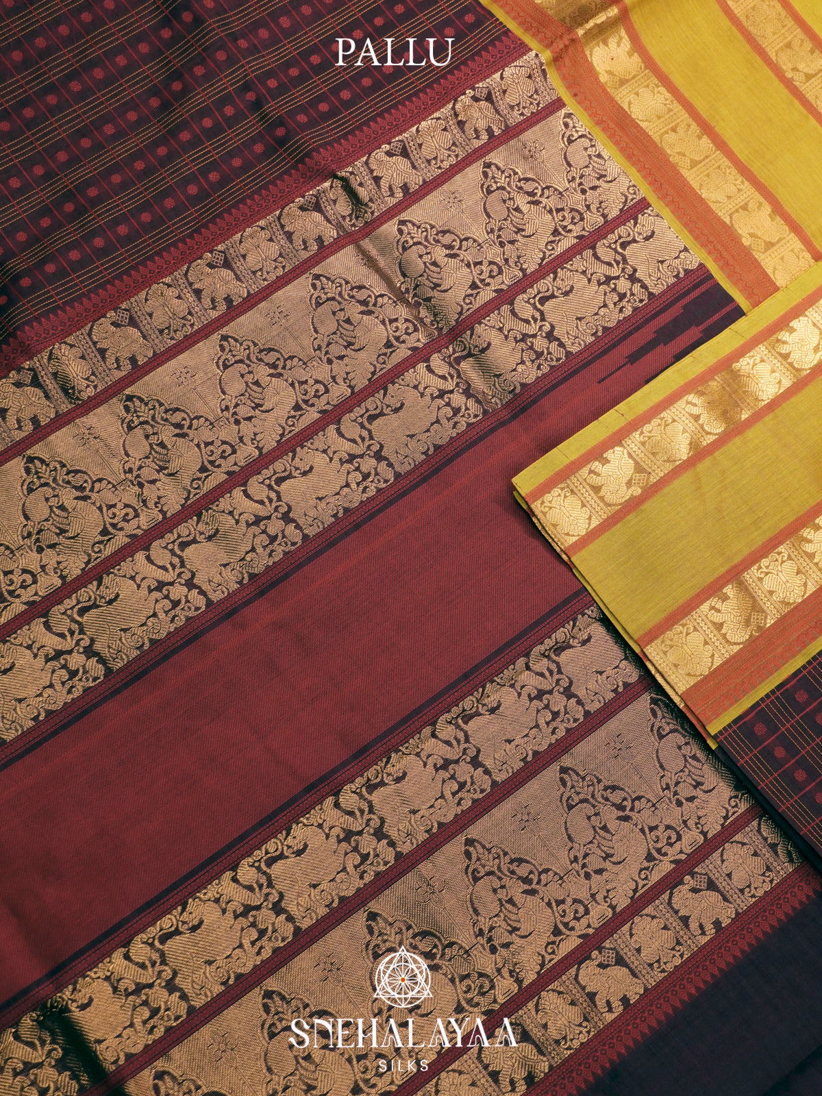 Wine & Mustard Kanchi Silk Cotton Saree with Checkered Body & Elephant Border