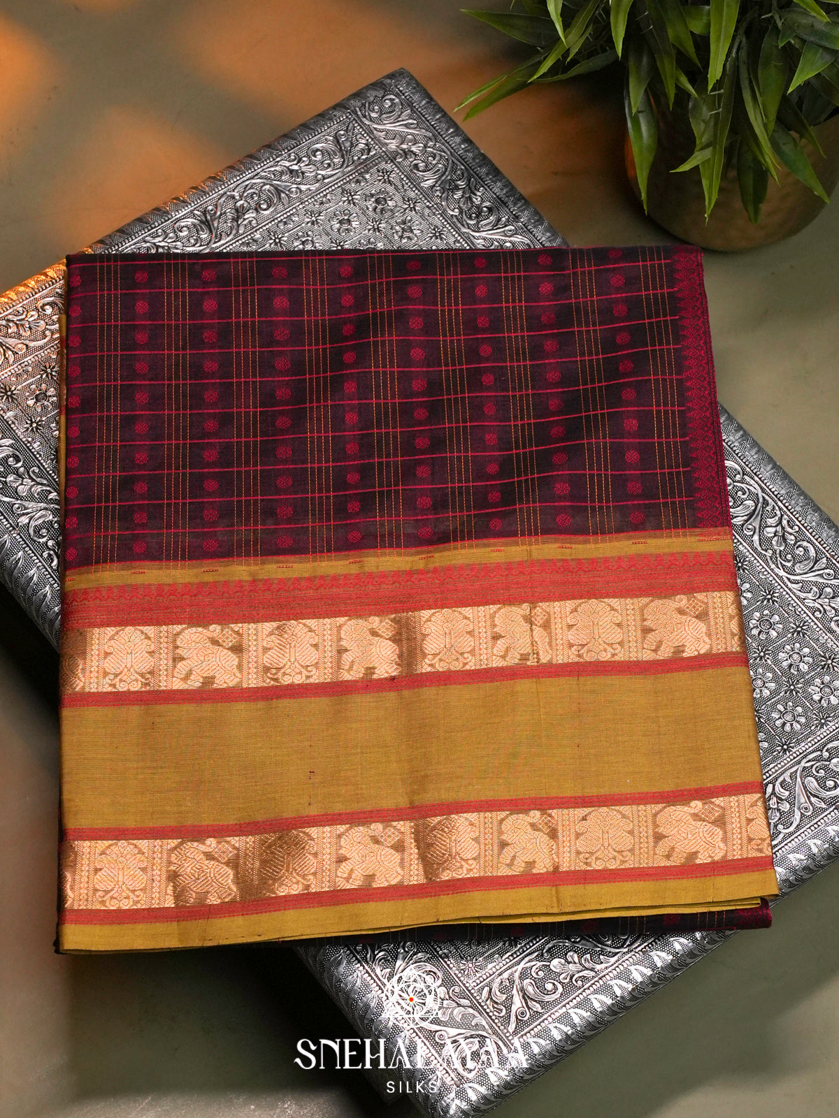 Burgundy & Mustard Kanchi Silk Cotton Saree with Checkered Body & Elephant Border